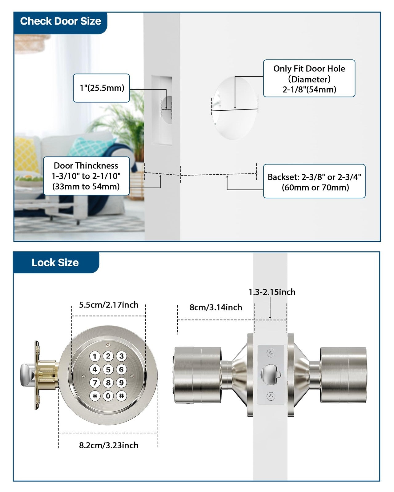 HIDALIFE keypad door knob with keyless entry lock in satin finish, installed on a bedroom or garage door.