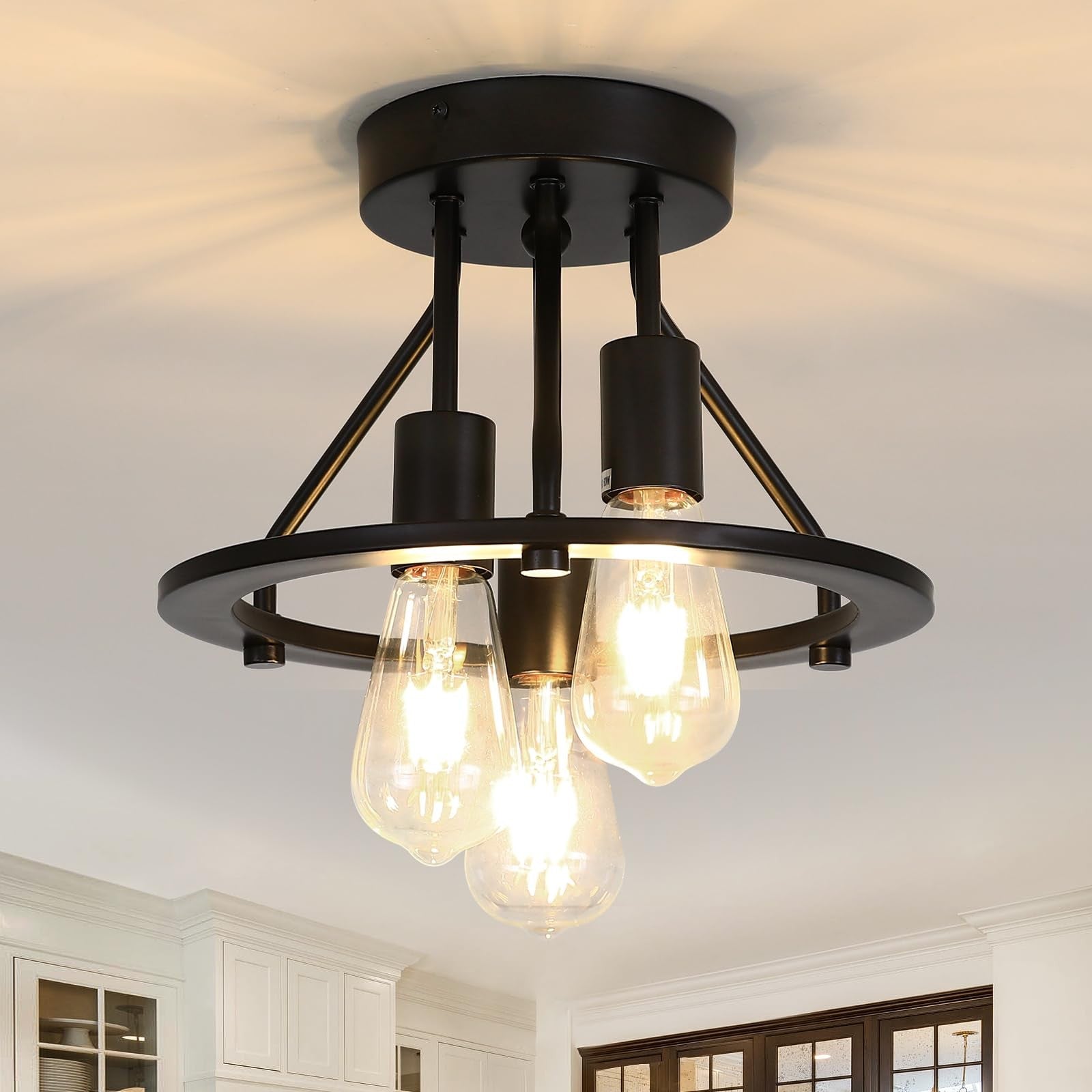 Qgiytp semi-flush mount ceiling light fixture with three matte black lights and modern design for indoor lighting.