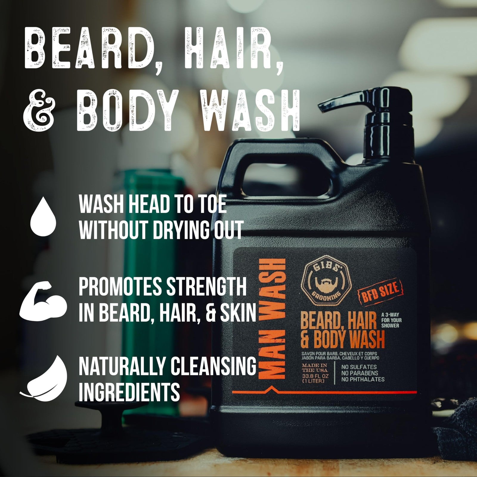 GIBS Grooming Amber Man Wash 33.8 fl oz 3-in-1 soap for beard, hair, and body with citrus scent, in a large pump bottle