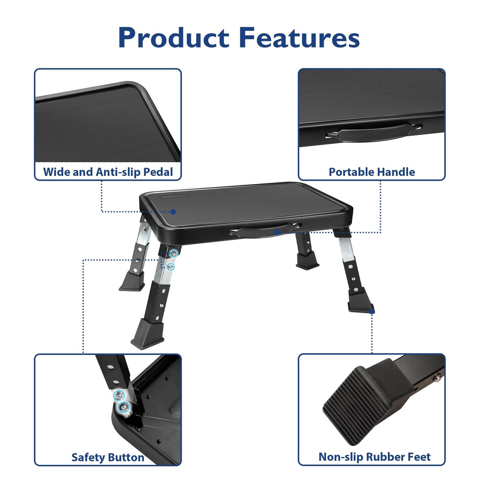 BONTEC folding 3-level adjustable metal step stool with anti-slip platform, compact and sturdy for household use.