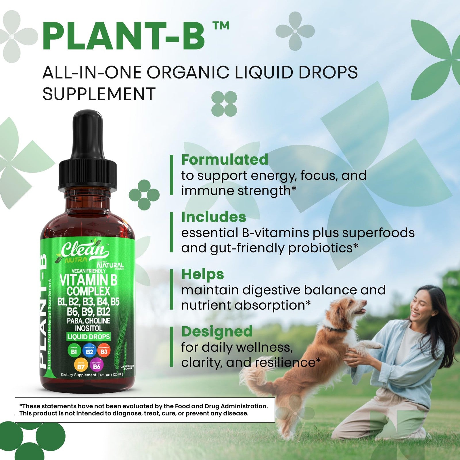 Clean Nutraceuticals Vitamin B Complex Liquid Drops with Thiamine B1, B6, B2, B3, B4, B5, B7, B9, B12 in a glass dropper bottle.