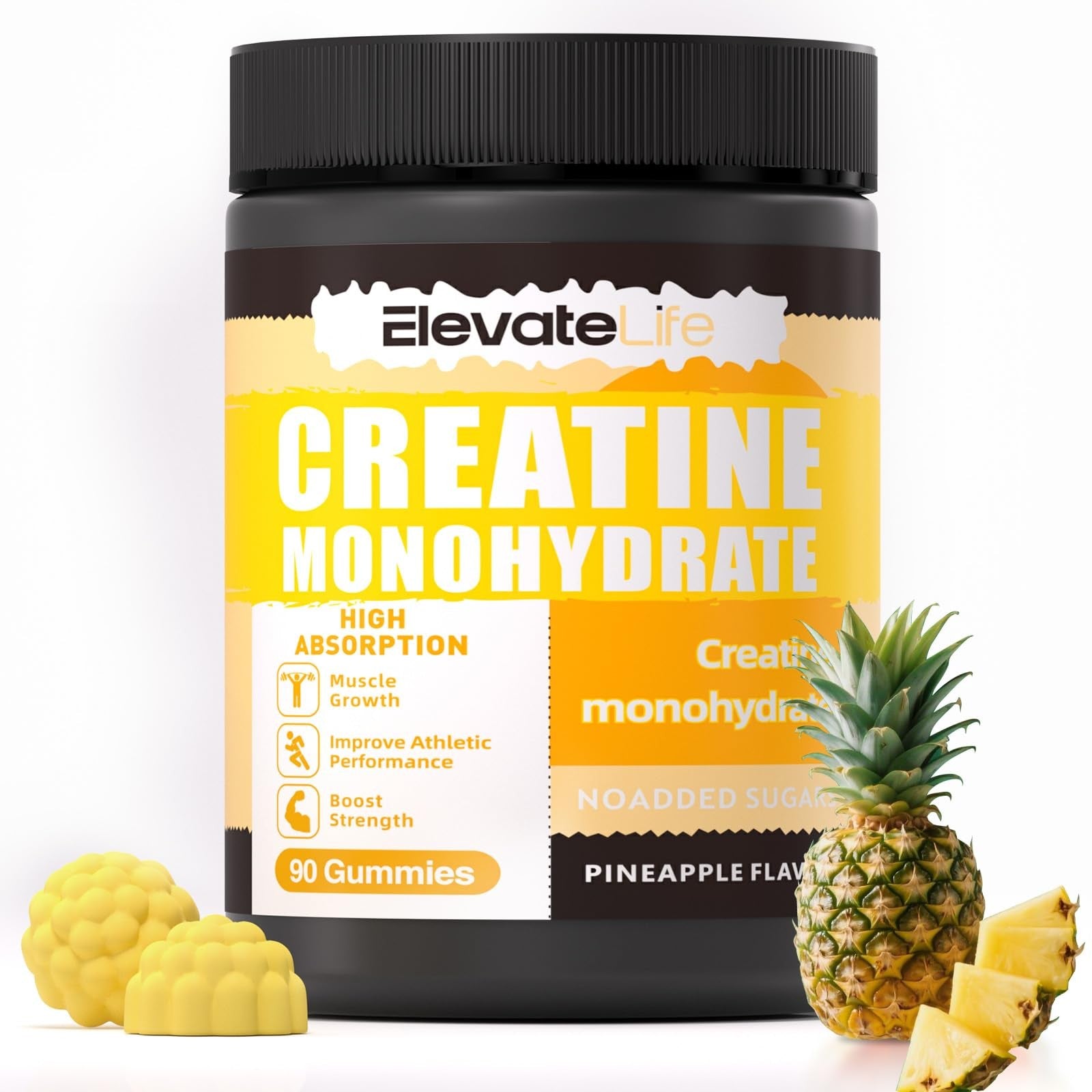 ElevateLife Creatine Monohydrate Gummies 5000mg chewables for men and women, showing colorful gummies in a clear container.