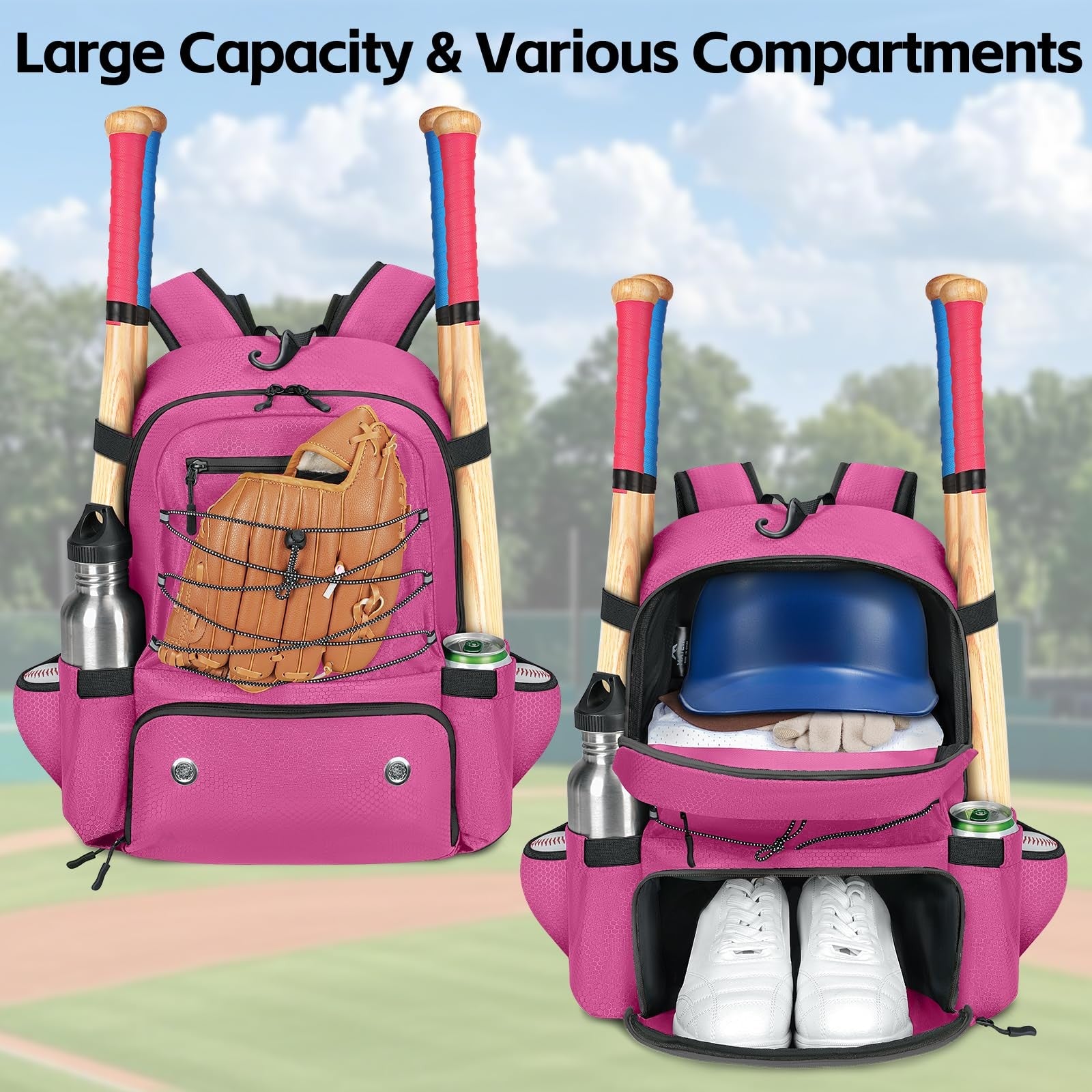 MATEIN youth softball backpack with space for 4 bats, shoe pocket, lightweight design, ideal for baseball and softball players.