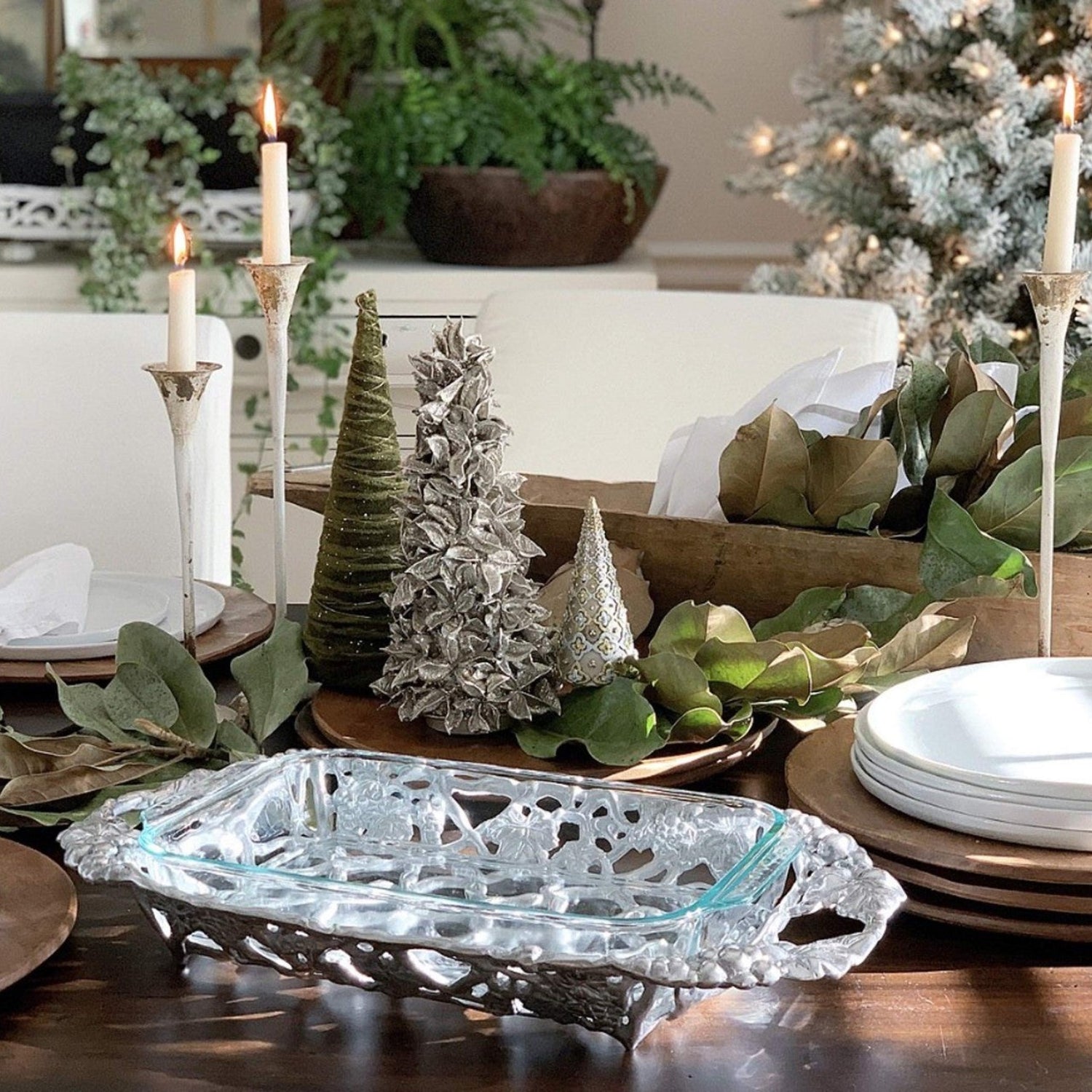 Arthur Court metal Pyrex glass casserole dish holder with grape pattern, sand-casted design, for secure storage and display.