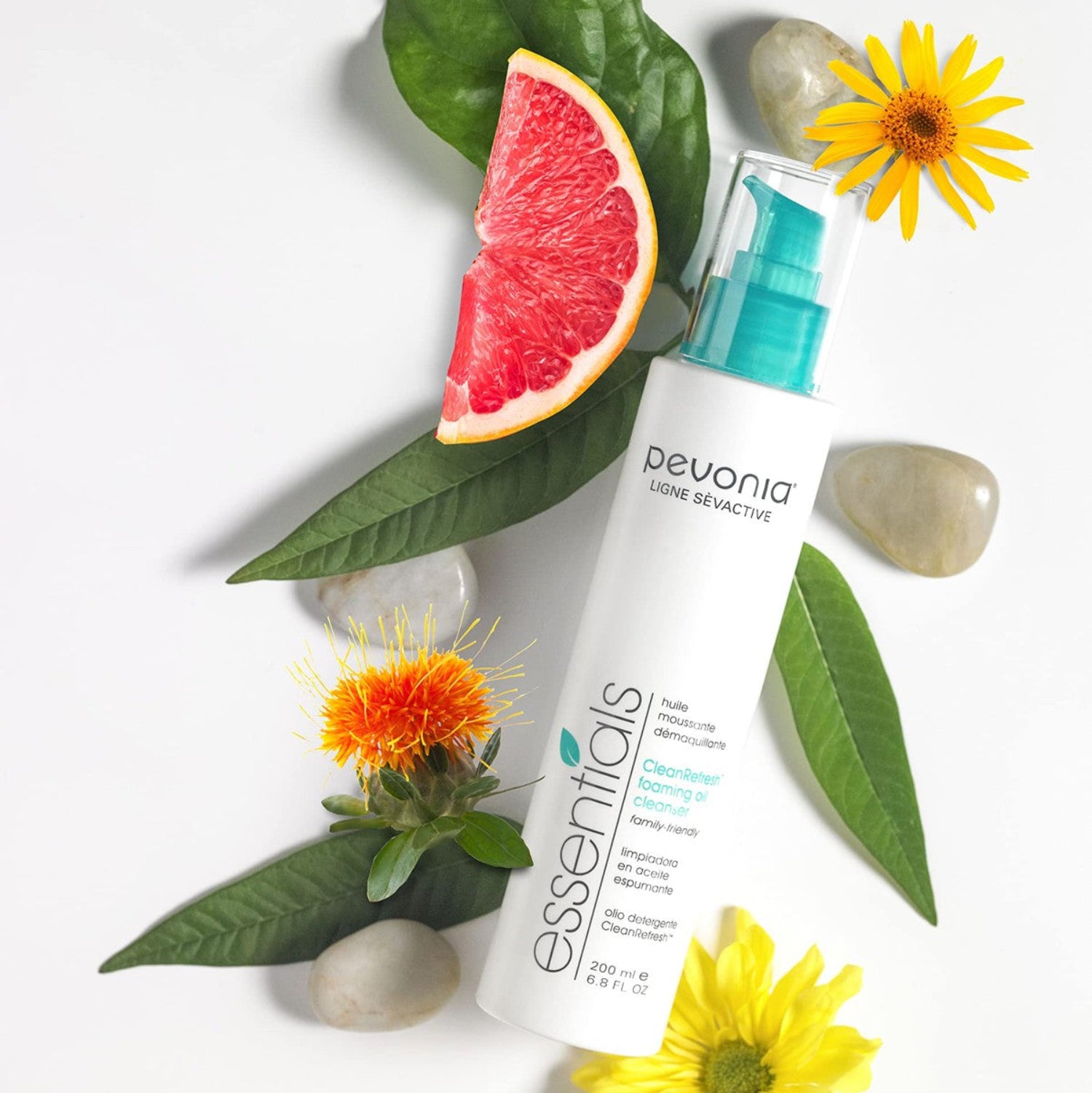 Pevonia CleanRefresh Foaming Oil Cleanser in 6.8 fl oz bottle, showing the white foam and clear cleanser inside.