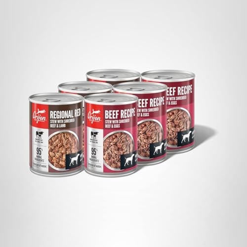 ORIJEN Real Meat Shreds wet dog food variety pack with regional red beef in 12.8oz cans, featuring high-quality, natural ingredients.