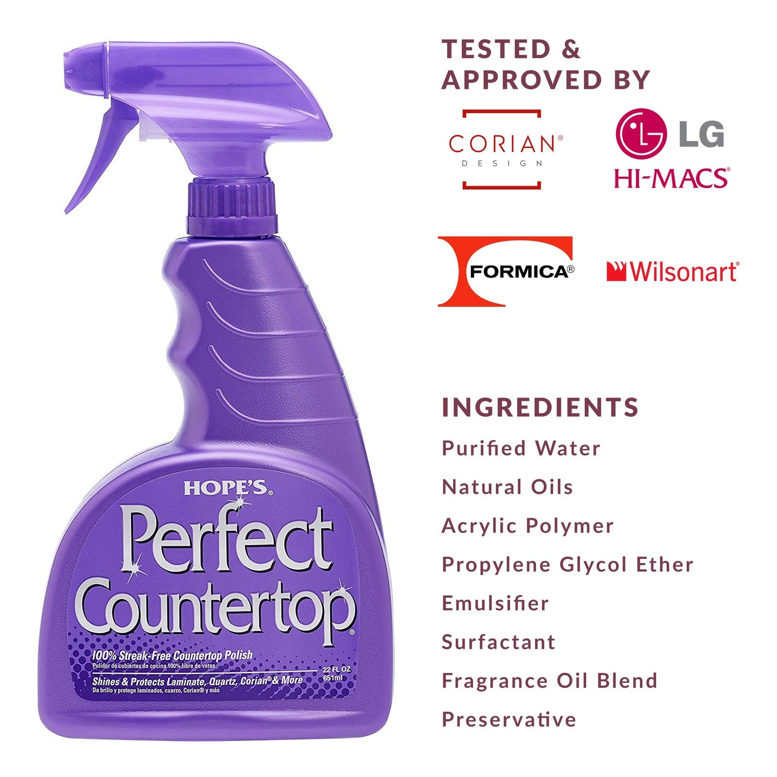 Hope's Hopes countertop cleaner and polish spray in a 22-ounce bottle, designed for streak-free cleaning of kitchen surfaces.
