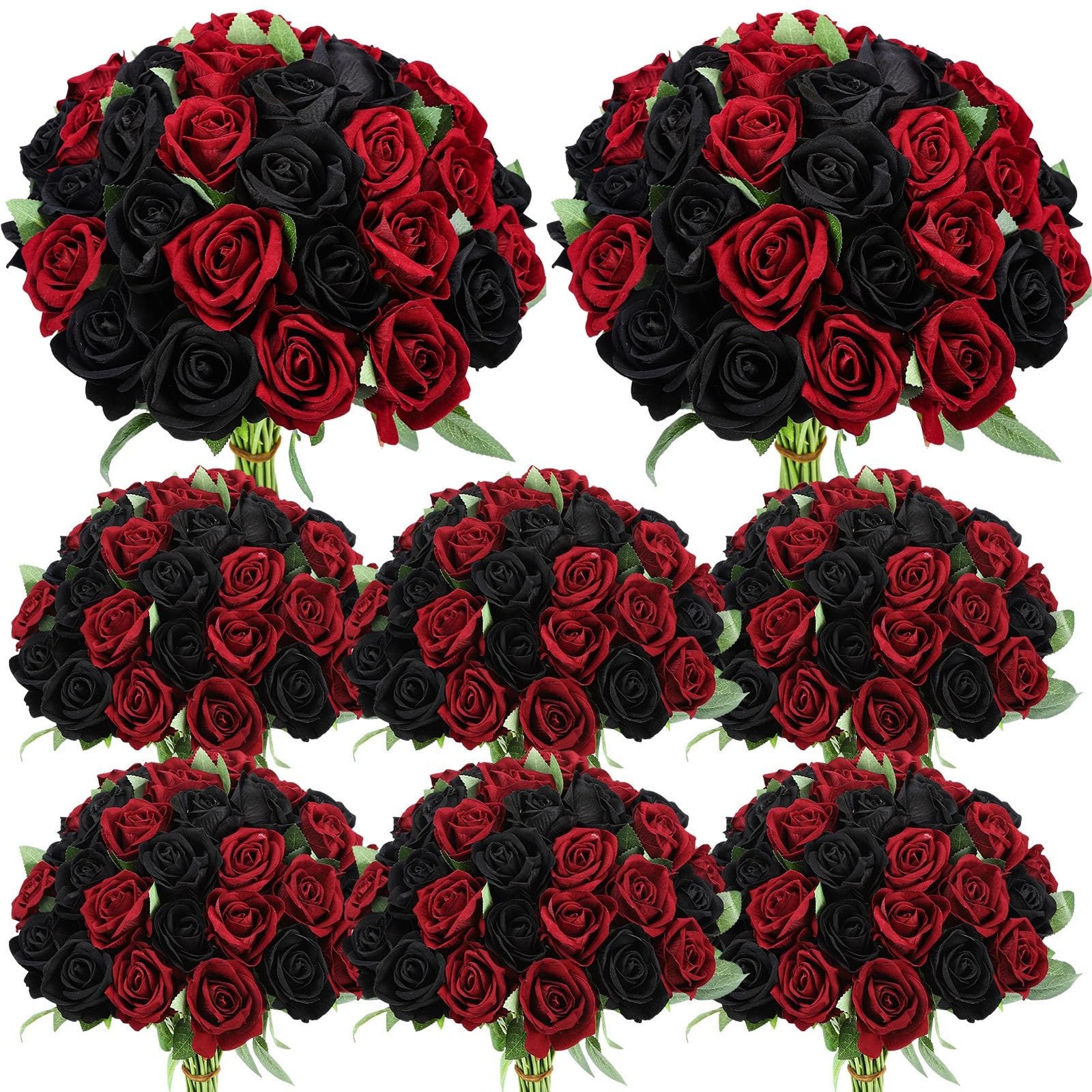Ovveroche 80-piece set of artificial silk roses in black and red, showcasing realistic flower details and vibrant colors.