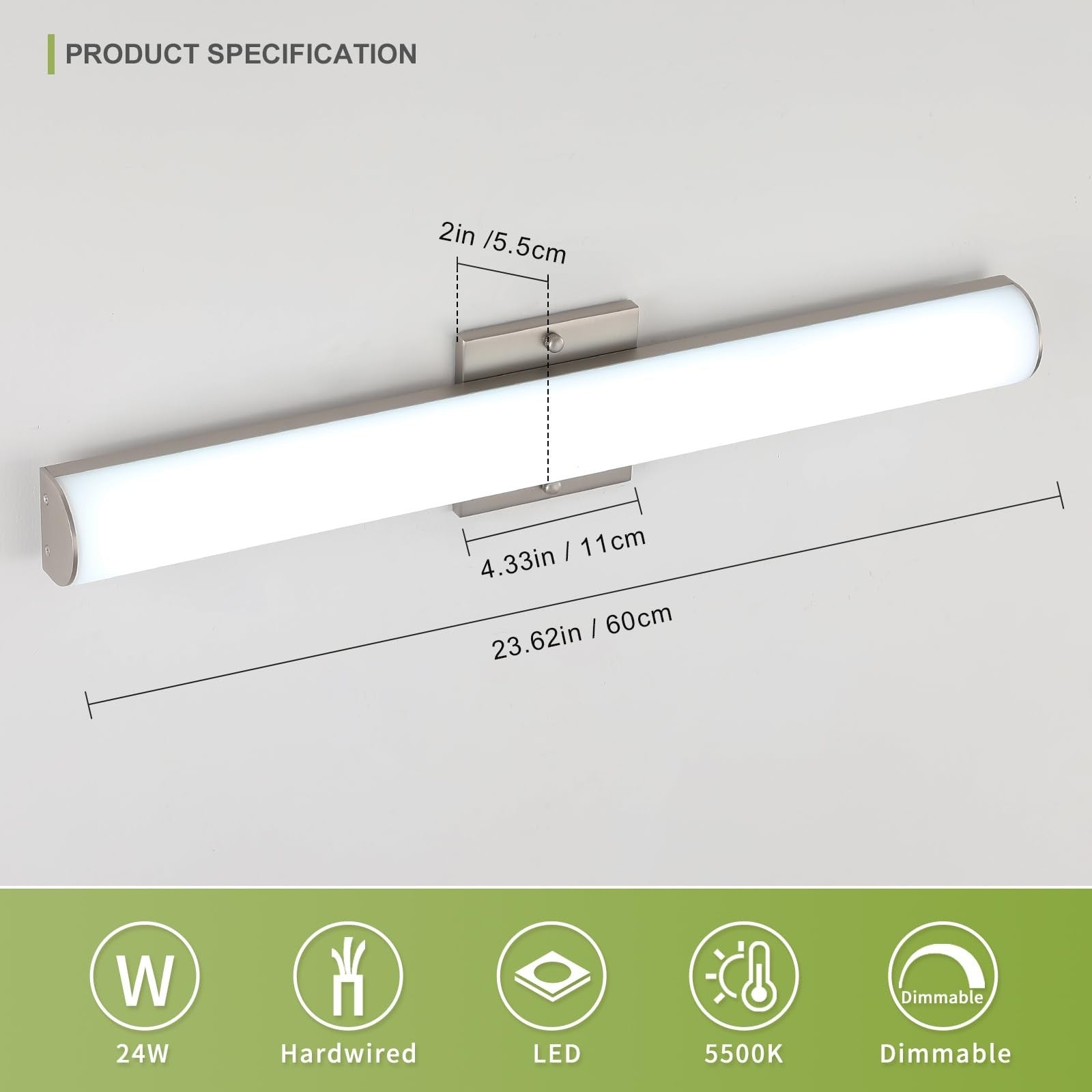 Bicrink brushed nickel vanity light fixture with 24-inch LED bath lighting, featuring a modern design for bathroom illumination.