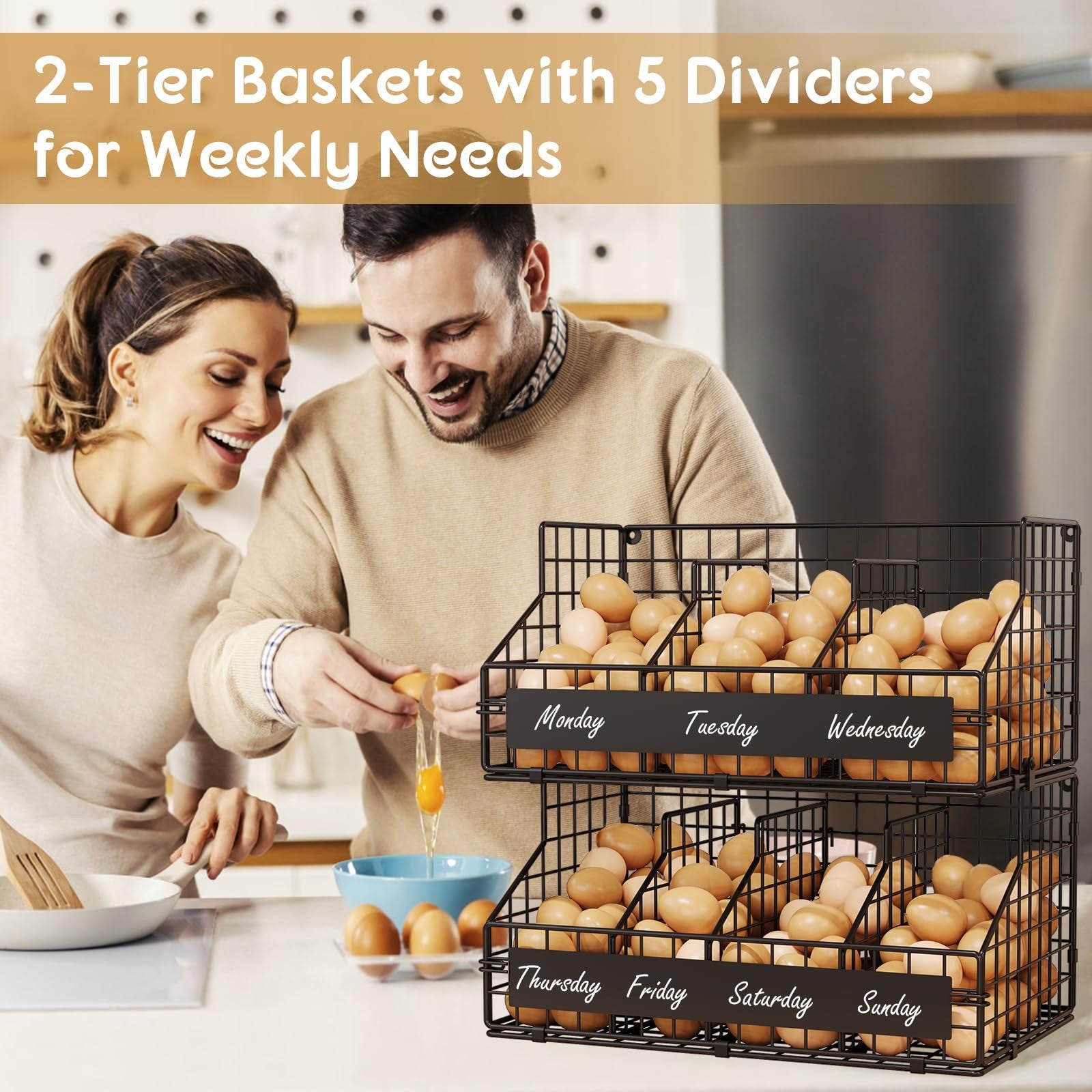 keomaisyto fresh egg holder with 2 tiers and 5 dividers, designed to organize and separate eggs for weekly storage