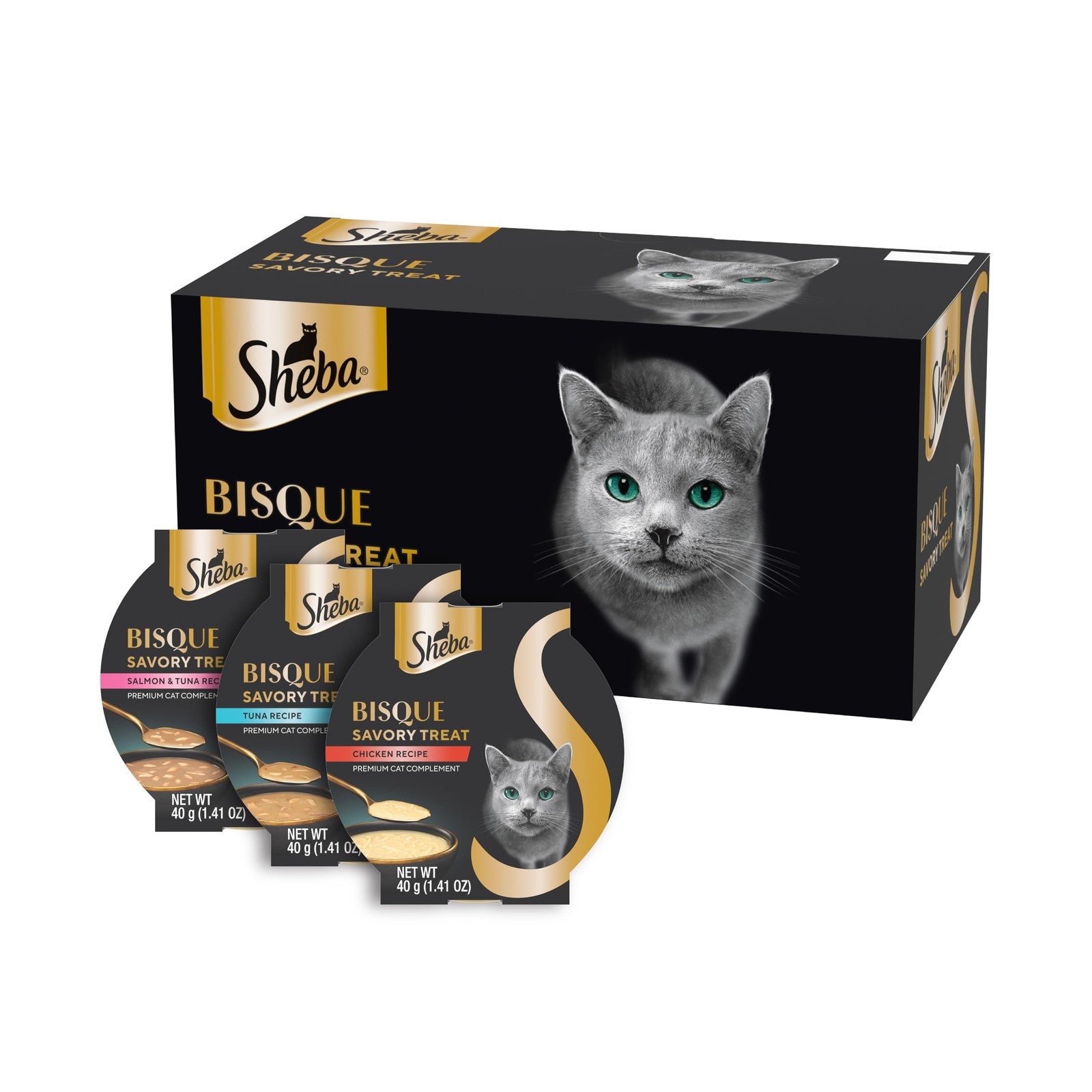 Sheba Bisque lickable cat treats and food toppers with chicken, tuna, and salmon flavors in a clear container.