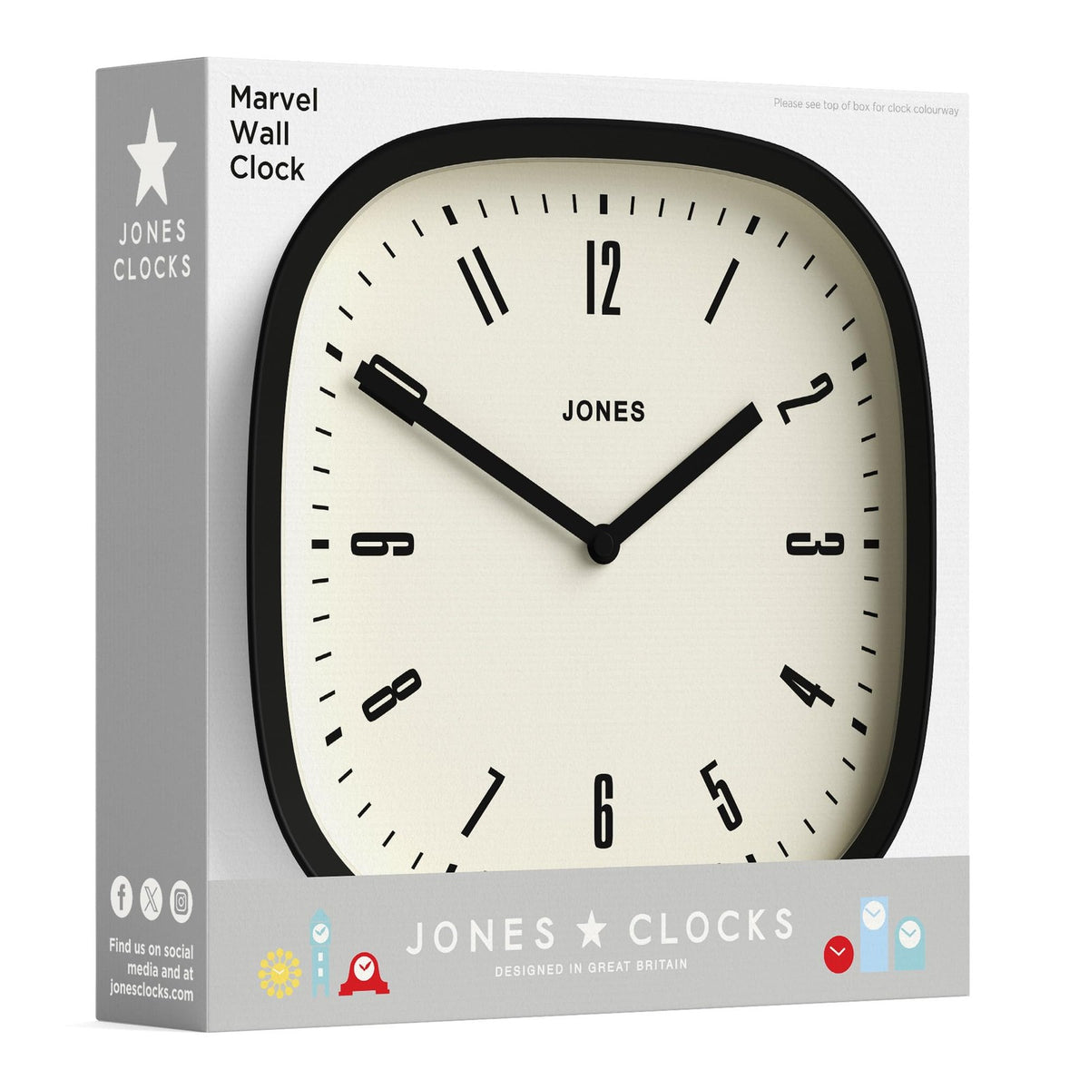 Jones Clocks Marvel wall clock, 10-inch modern retro rounded square design with colorful Marvel superhero graphics.