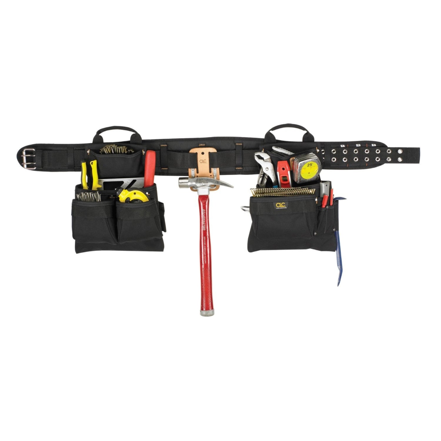 Custom Leathercraft 5608 4-piece carpenter's tool belt with double-tongue steel buckle, durable leather construction.