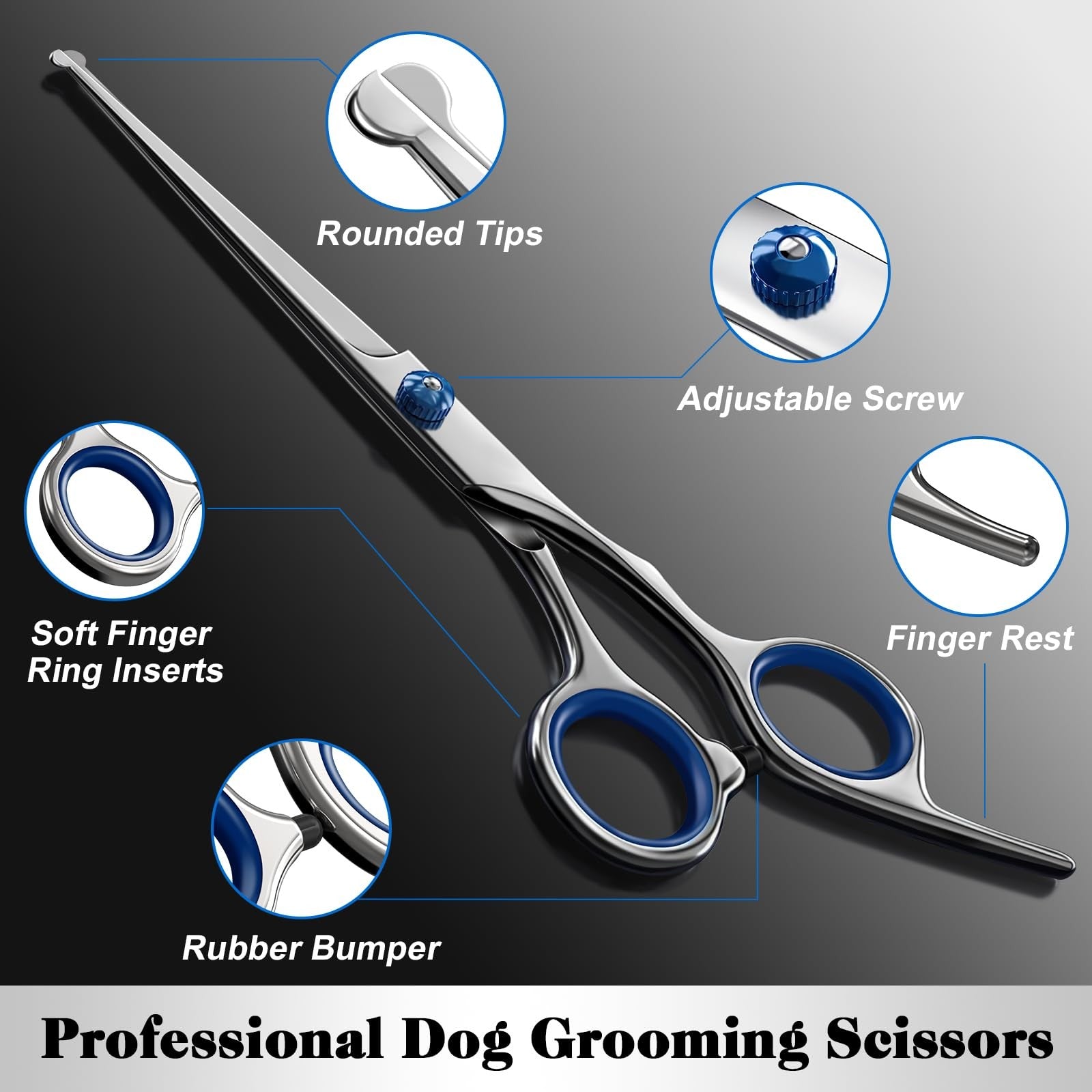 Saccison Pro 4-in-1 pet grooming scissors kit with round tips and sharp shears for grooming dogs and cats.