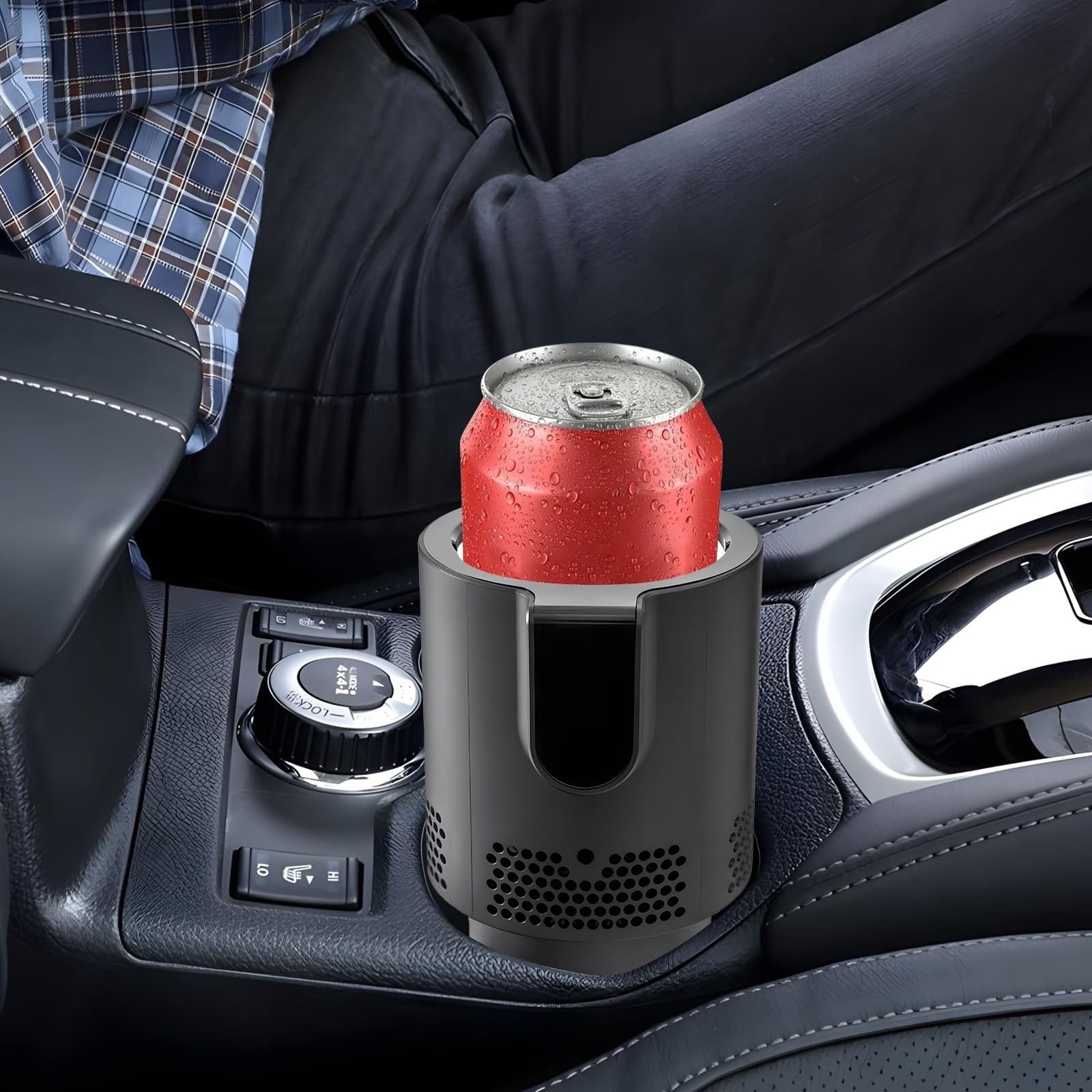 Yesinaly 2-in-1 smart car cup cooler and heater with digital temperature control, shown with a beverage in the cup holder.