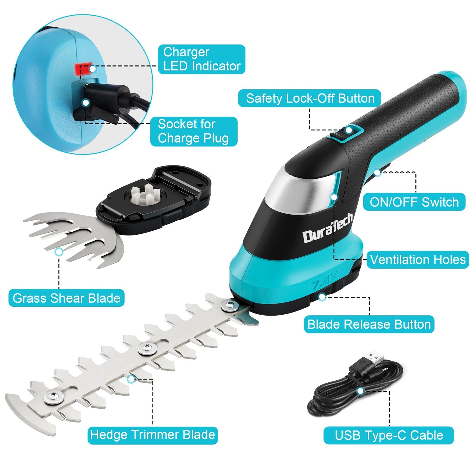 DURATECH cordless hedge trimmer with 7.2V rechargeable battery and 2-in-1 handheld grass trimmer in use outdoors.