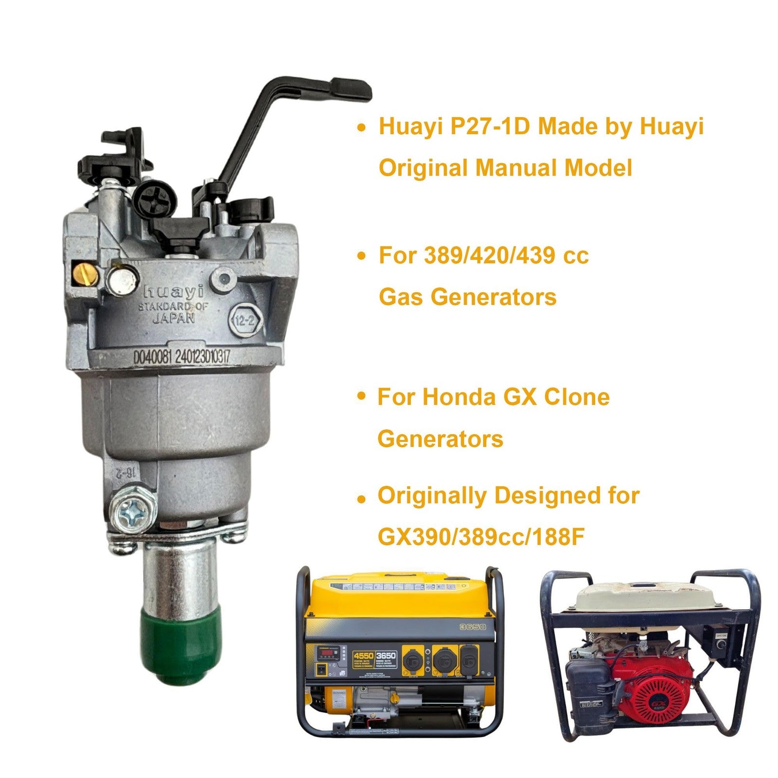 YGQ 420cc GX390 generator carburetor kit with OEM Huayi P27-1D replacement for Honda engines, includes carburetor and components.