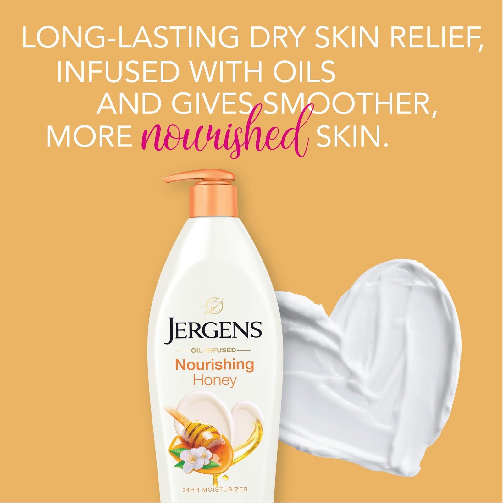 Jergens Nourishing Honey Dry Skin Moisturizer with Illuminating Hydralucence blend, showing the creamy lotion in the jar.