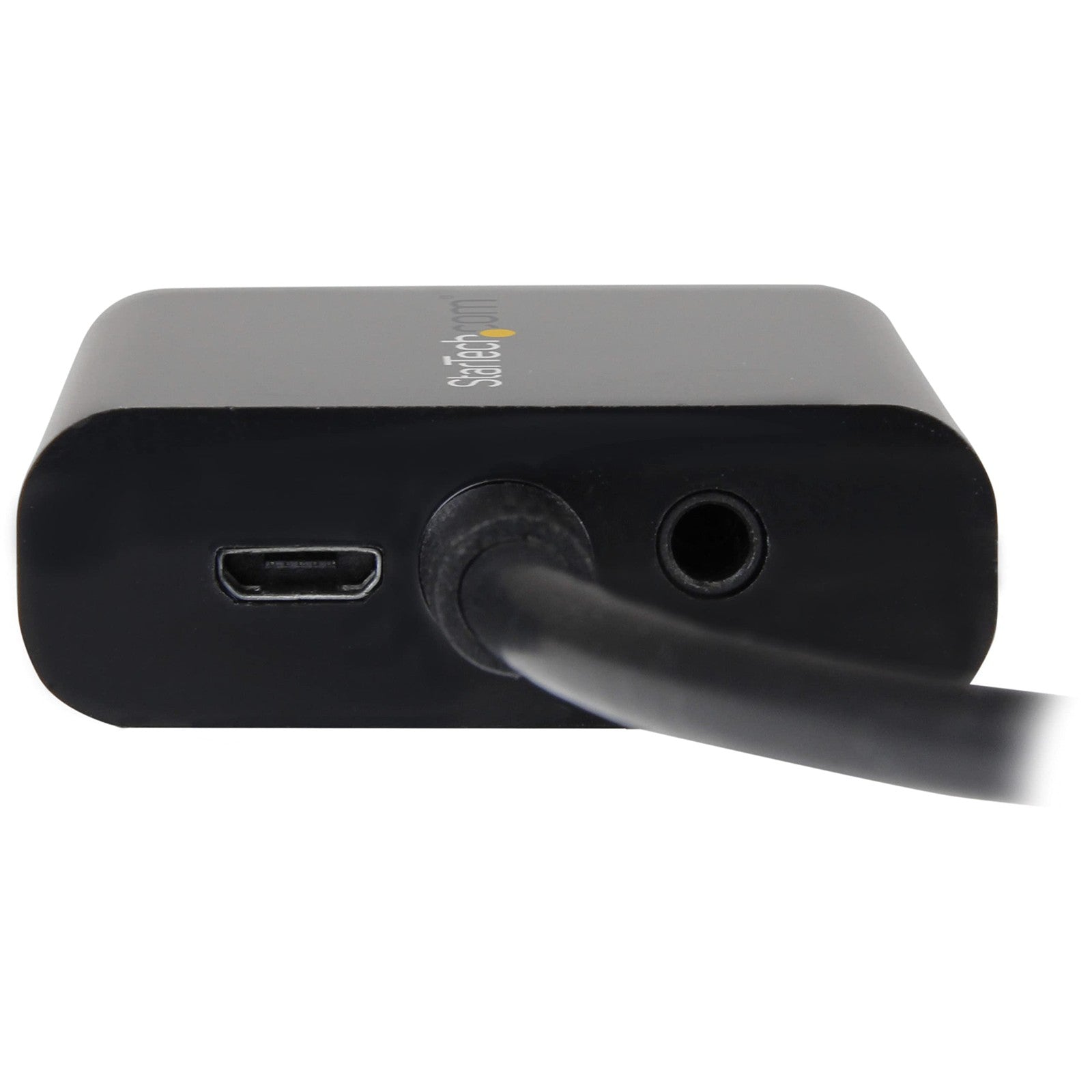 StarTech.com DisplayPort to VGA adapter with audio, showing the compact converter device connected to a computer and VGA display.