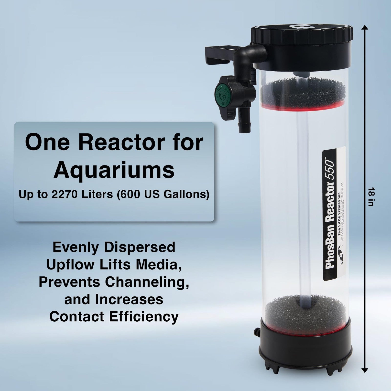 Two Little Fishies Atlpbr550 Gfo Phosban Reactor 550 for aquarium filtration with clear plastic and fittings.