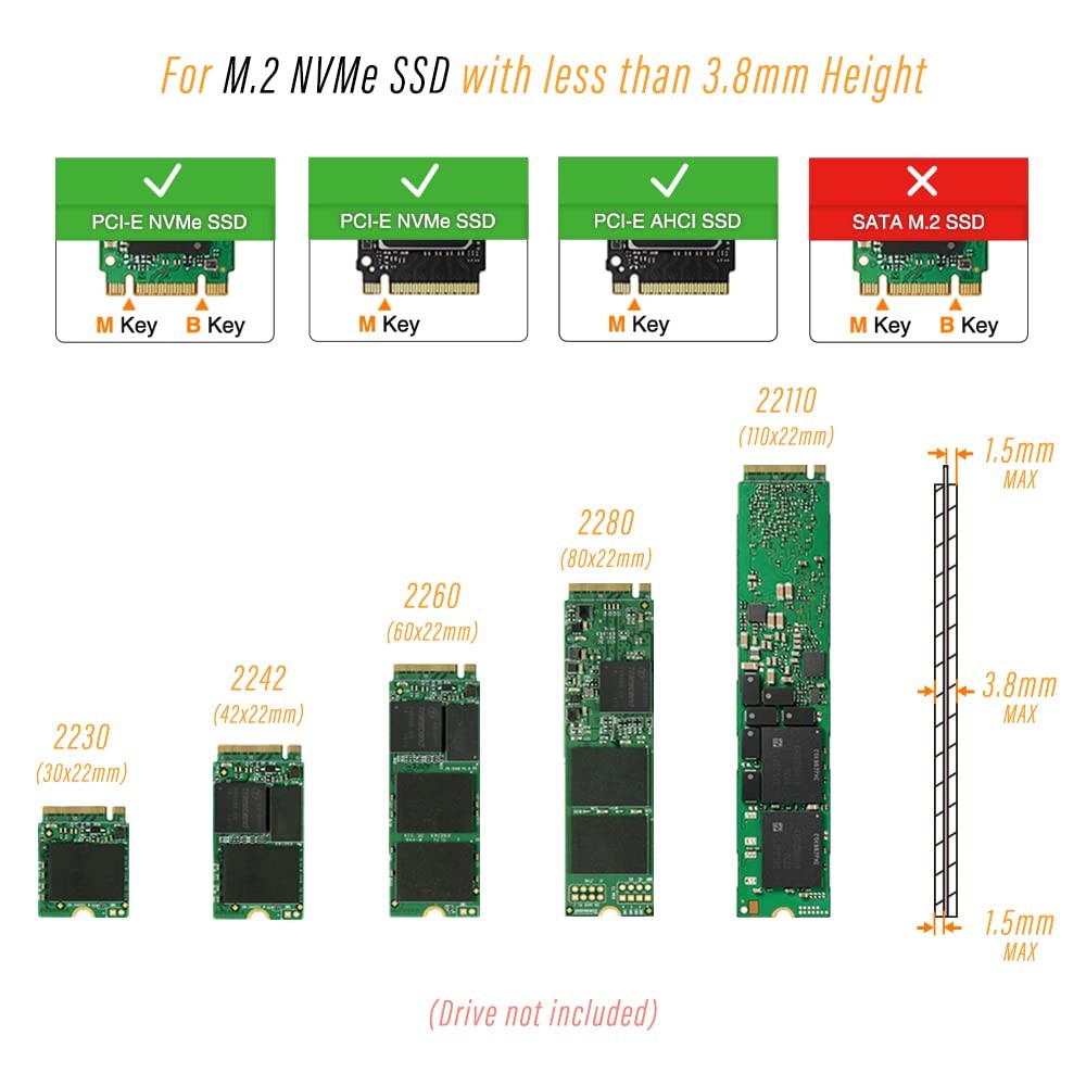 ICY DOCK M.2 NVMe SSD to PCIe card adapter with large aluminum heat sink, shown mounted with SSD and PCIe slots.