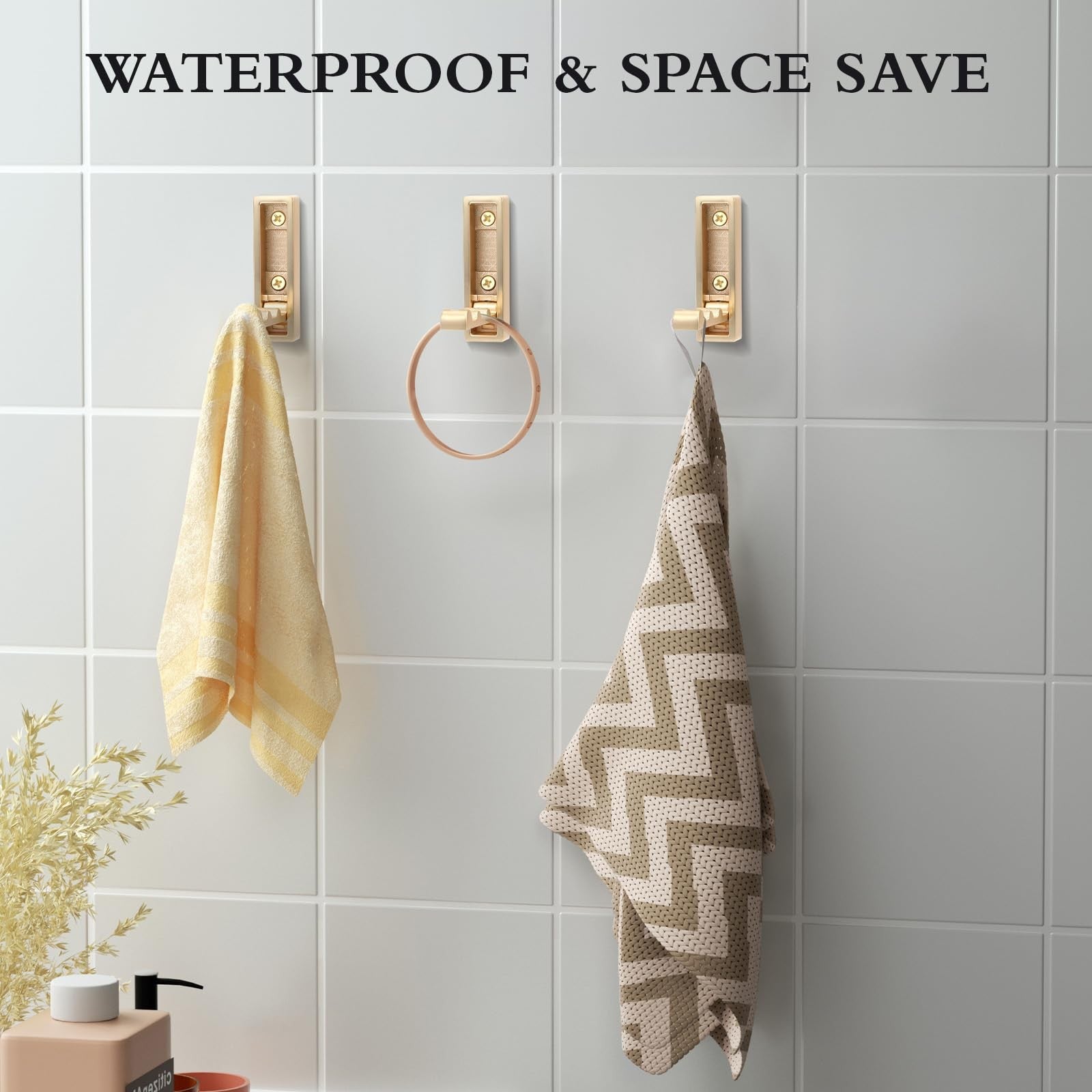 Set of 5 heavy-duty gold zinc alloy folding coat hooks mounted on a wall for coats and scarves in a home or office setting.