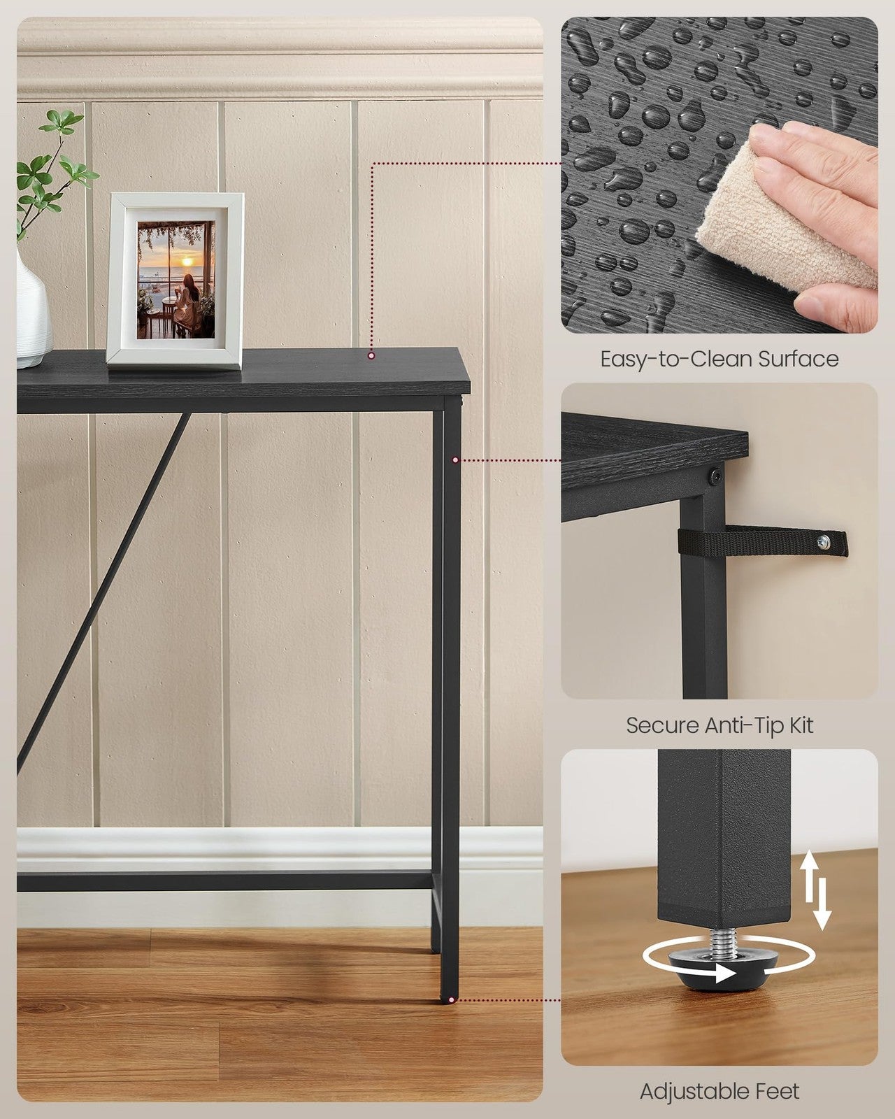 VASAGLE console sofa table in narrow entryway style, with a sleek wooden surface and metal legs, suitable for living room or bedroom.