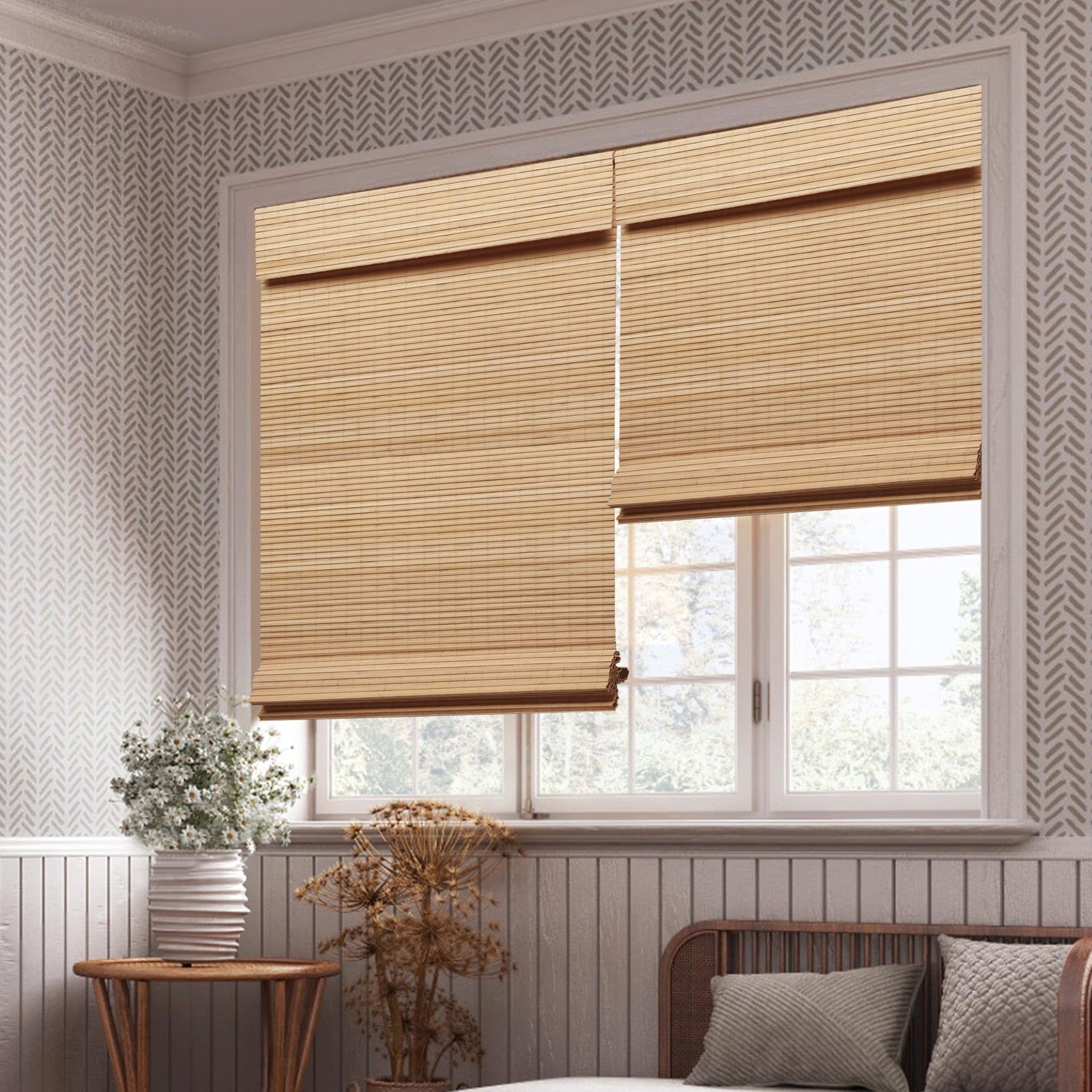 LUCKUP cordless bamboo roman blinds shade for indoor windows, blacked-out room darkening window treatment with natural bamboo texture.