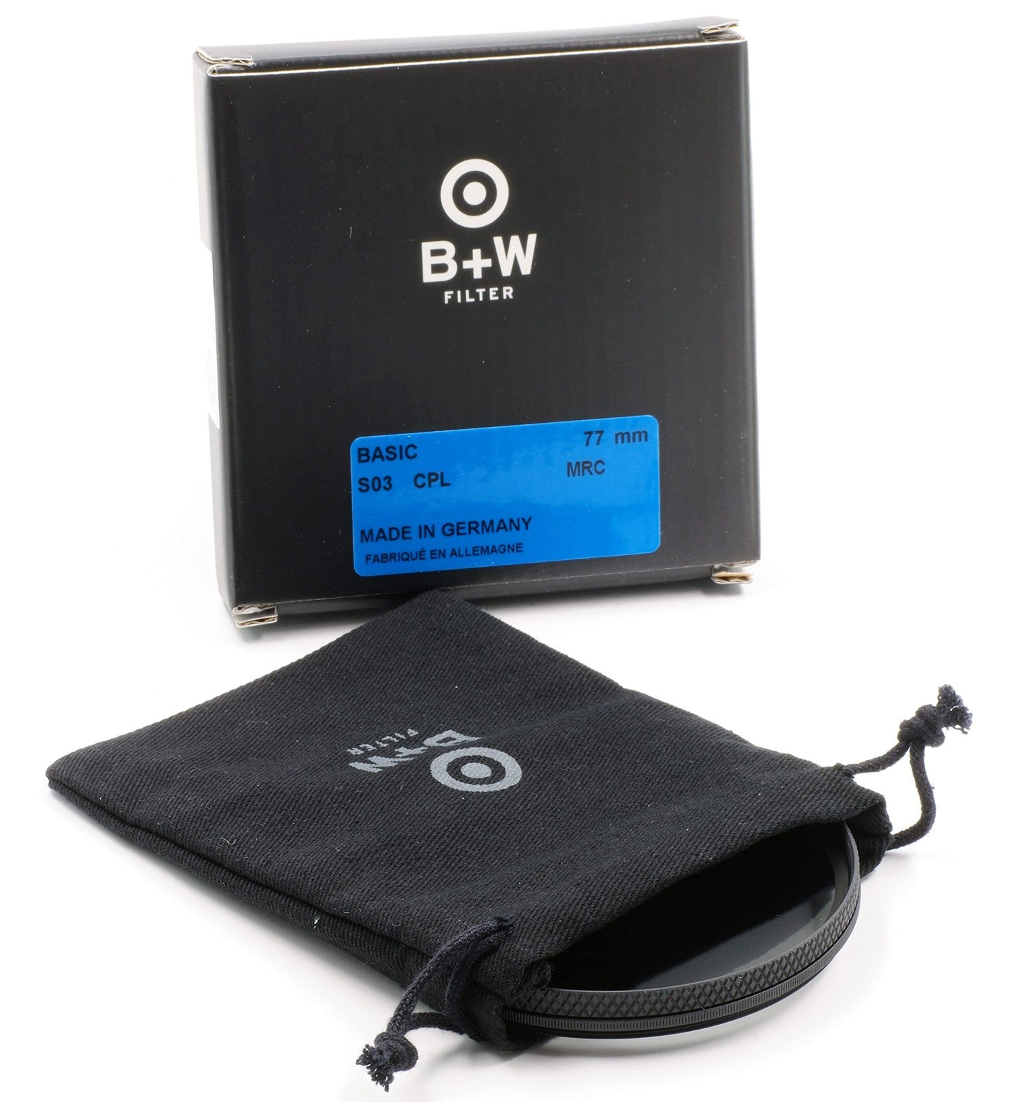 B+W 46mm Basic MRC Circular Polarizer Glass Filter for autofocus camera lenses, showing the filter's front view on a white background.