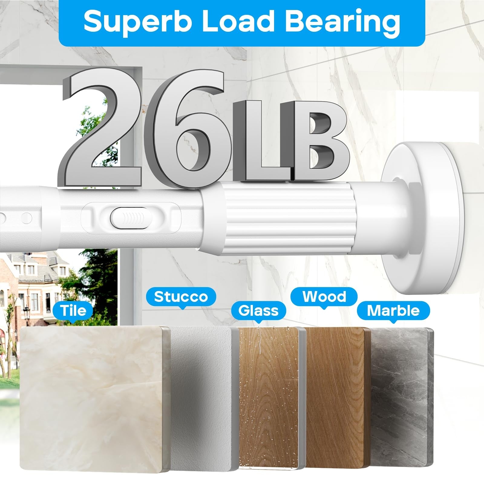 White Zipglo tension shower curtain rod extending from 40 to 185 inches, shown installed in a bathroom setting.