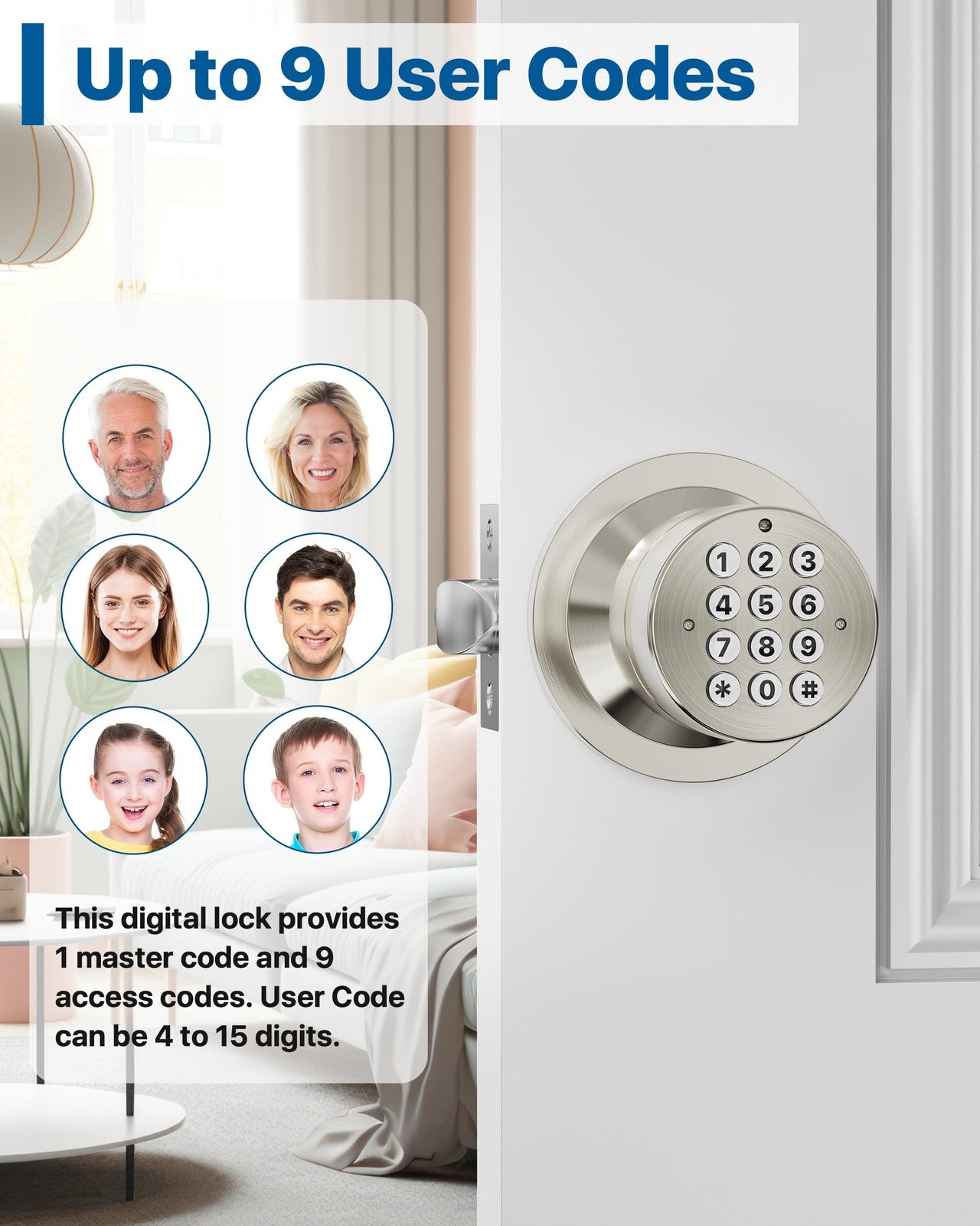 HIDALIFE keypad door knob with satin finish, keyless entry lock for bedroom, front, or garage doors, featuring numeric keypad and handle.