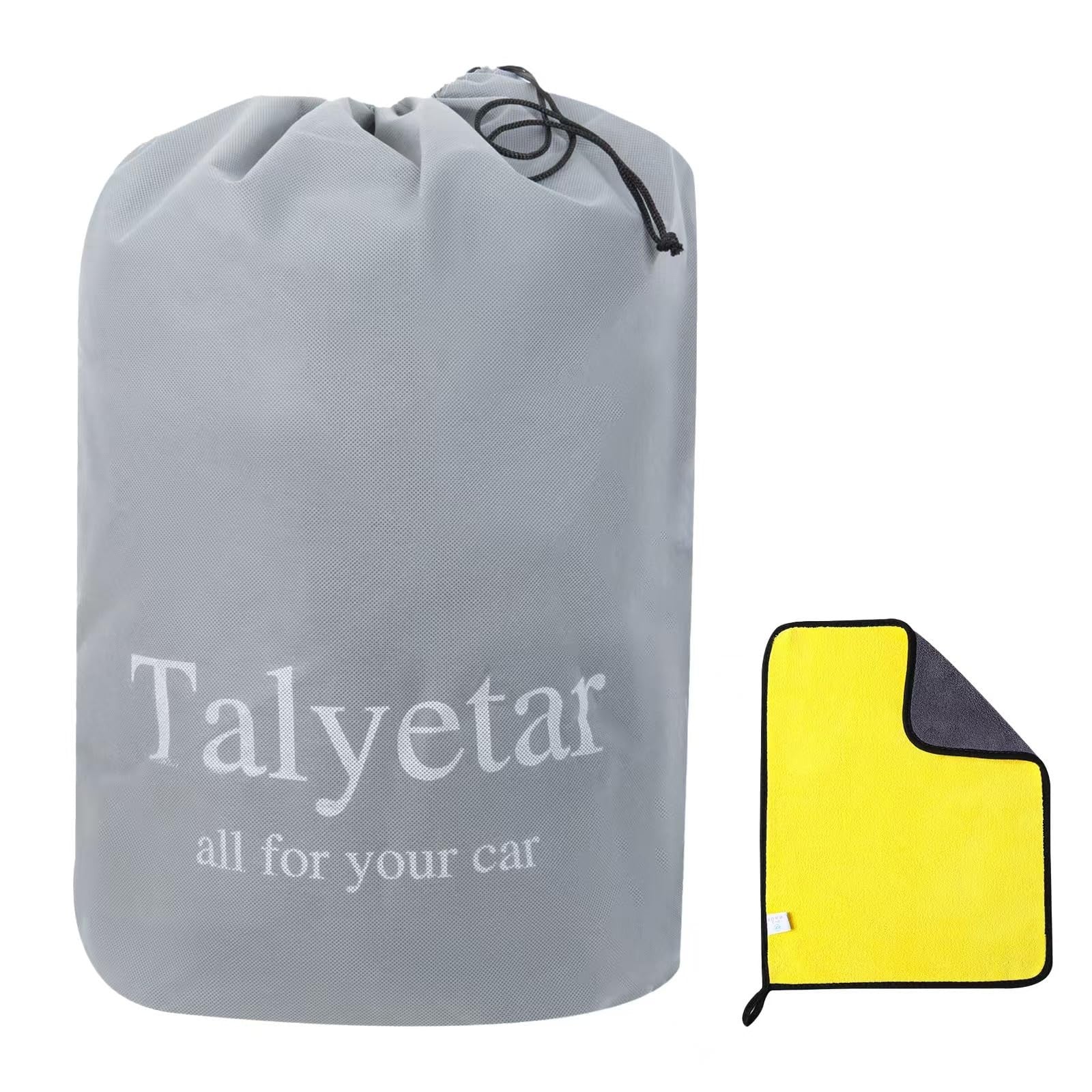 Talyetar waterproof all-weather car cover over a parked vehicle, designed to protect automobiles from rain, snow, and sun.