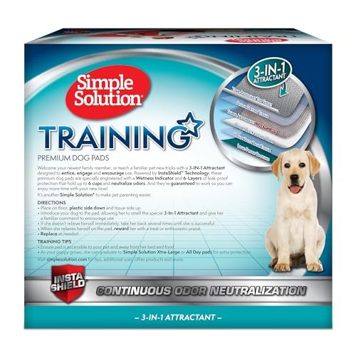 Large puppy training pads by Simple Solution, leak-proof dog potty pads in a 100-count pack, designed for easy potty training.
