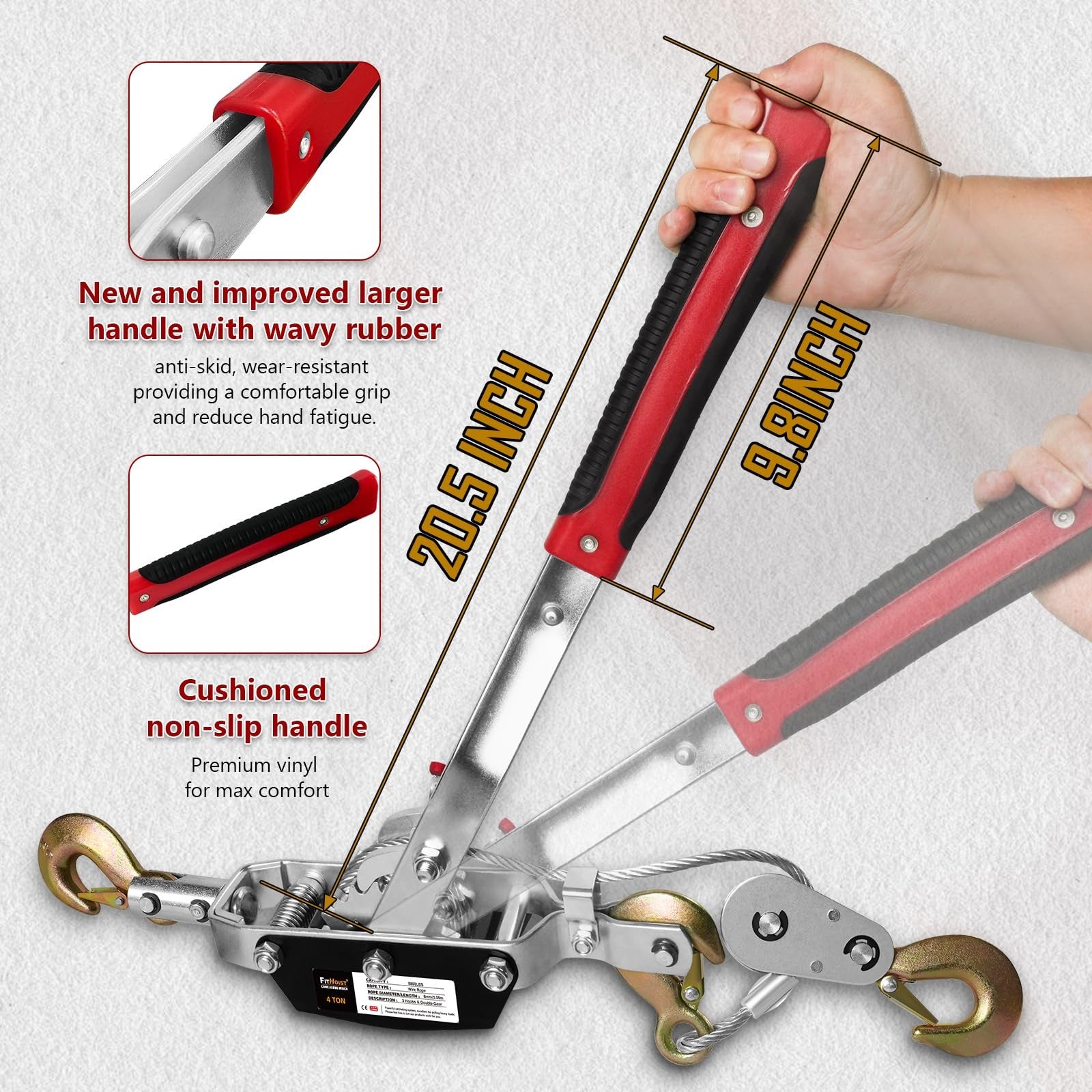 FITHOIST Come Along Winch with 4-ton capacity, 10ft steel cable, heavy-duty ratchet power pull for lifting and pulling tasks.