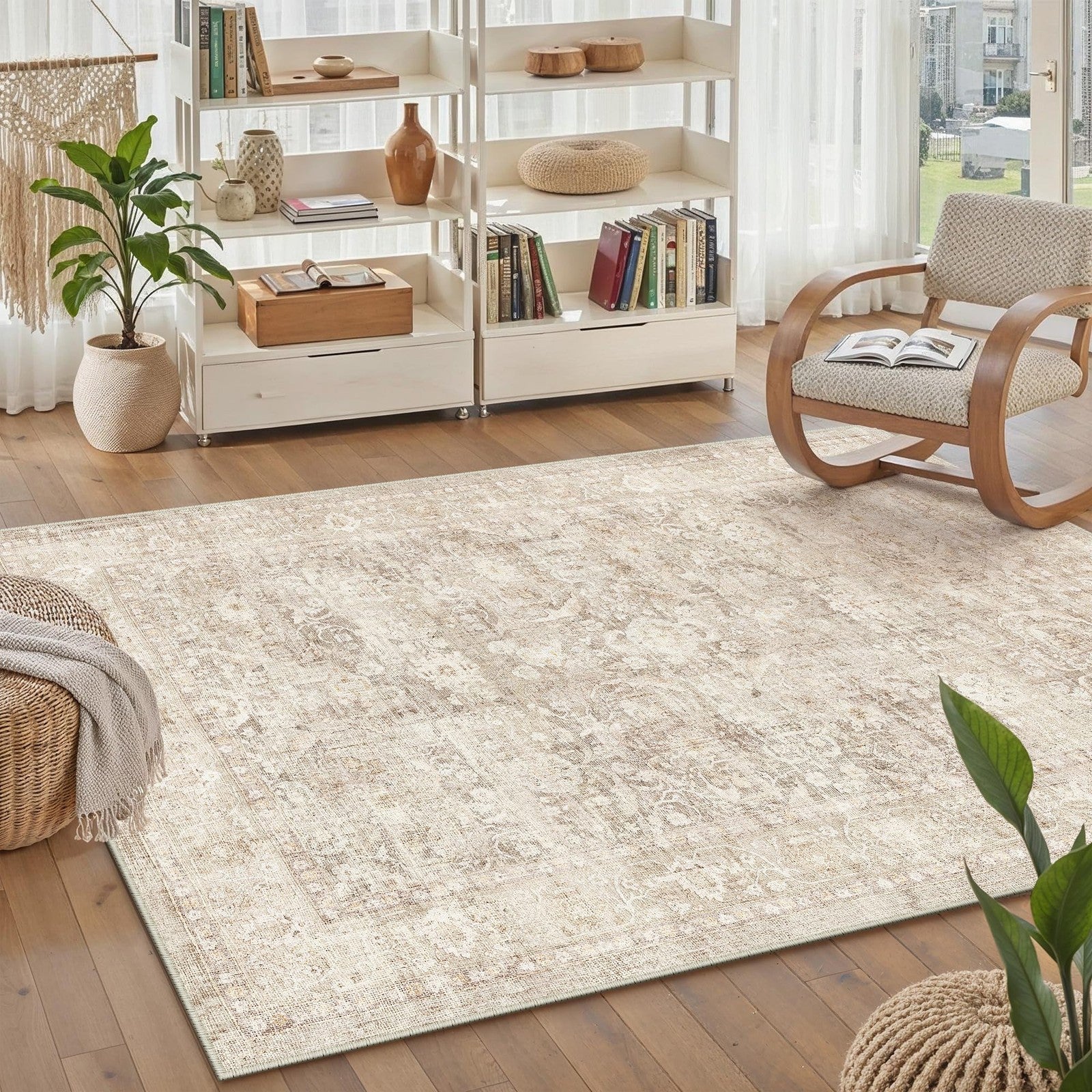WondRg 4x6 beige washable area rug with soft, neutral design, non-slip backing for living room or bedroom decor.