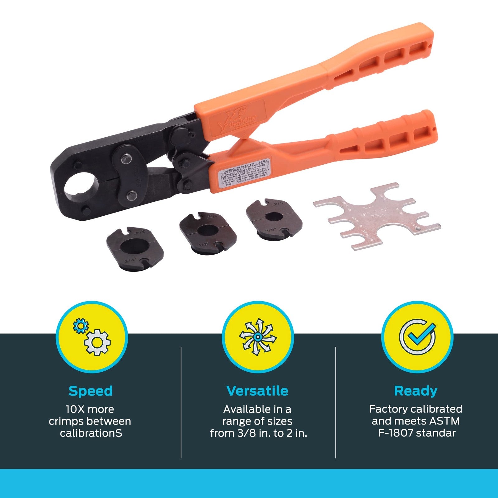 SharkBite 3/8 inch PEX crimp tool multi-head kit with orange handles for plumbing pipe installation and crimping.