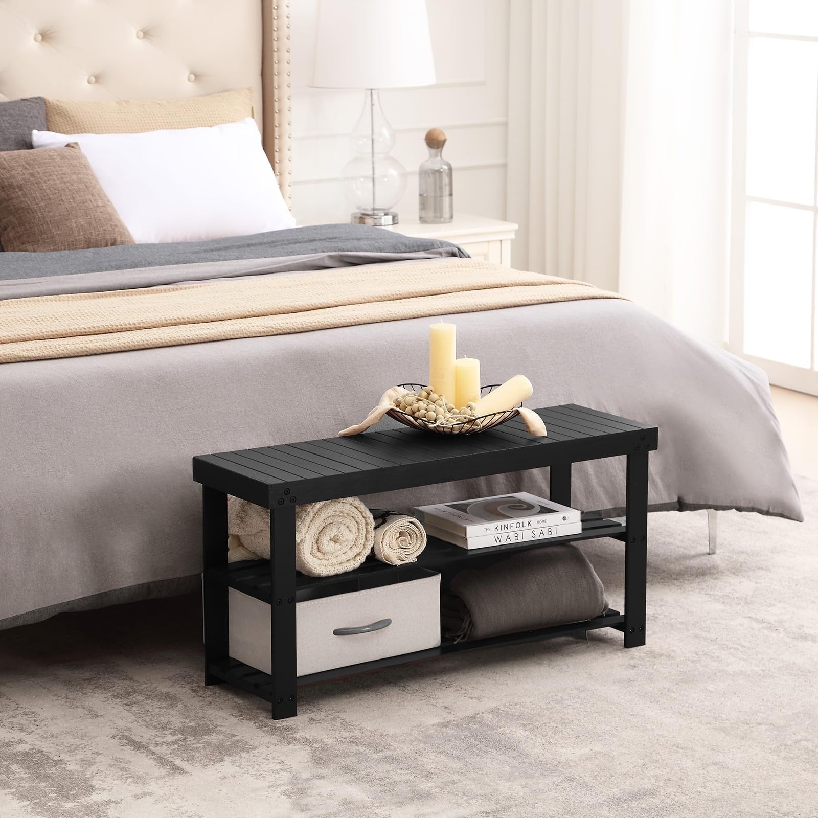 Apicizon 3-tier bamboo shoe rack bench in black with storage compartments, 35.4 inches long, for entryway organization.