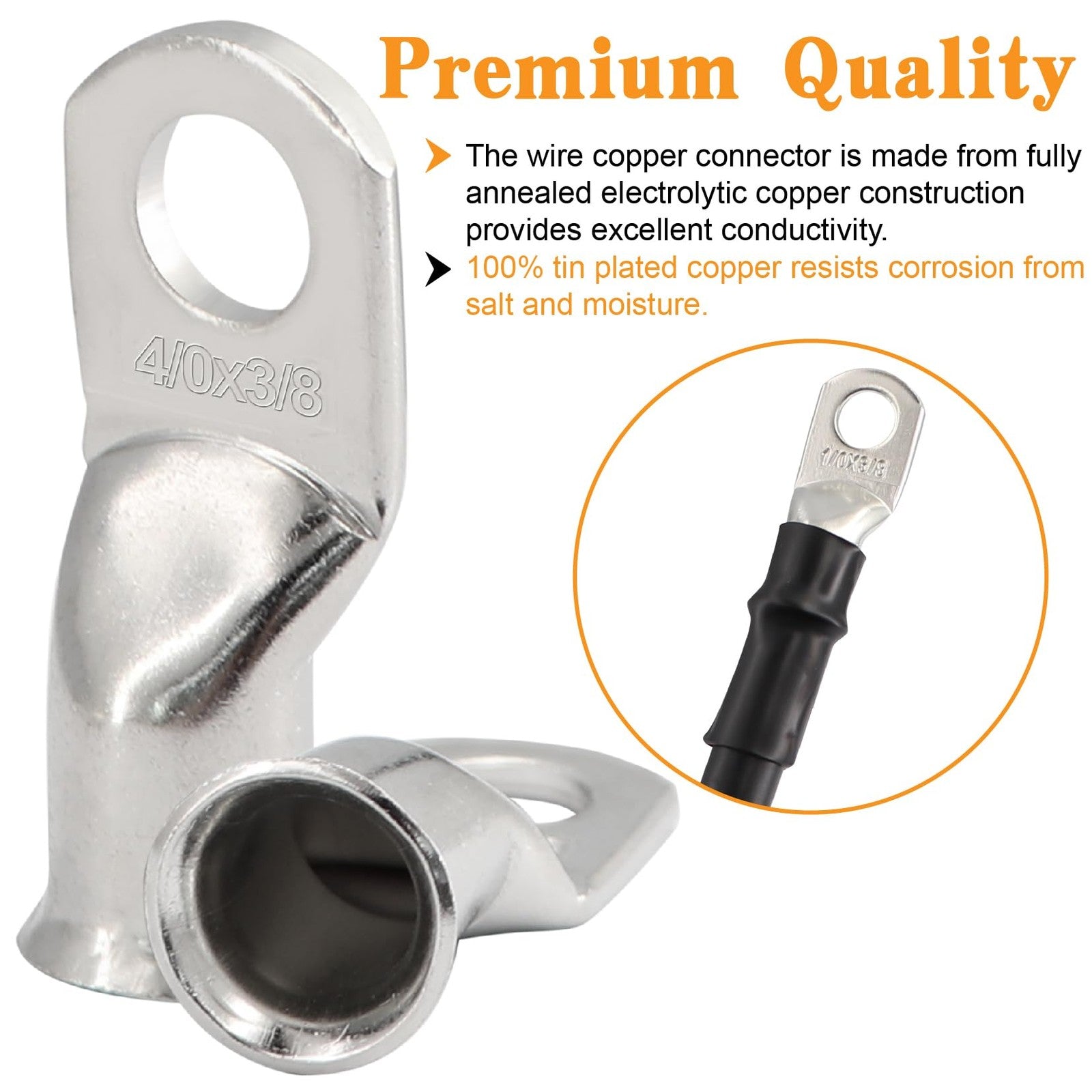 Set of 48 Taukealugs tinned copper battery terminal connectors for AWG 1/0, 2/0, and 4/0 cables with crimp ends.
