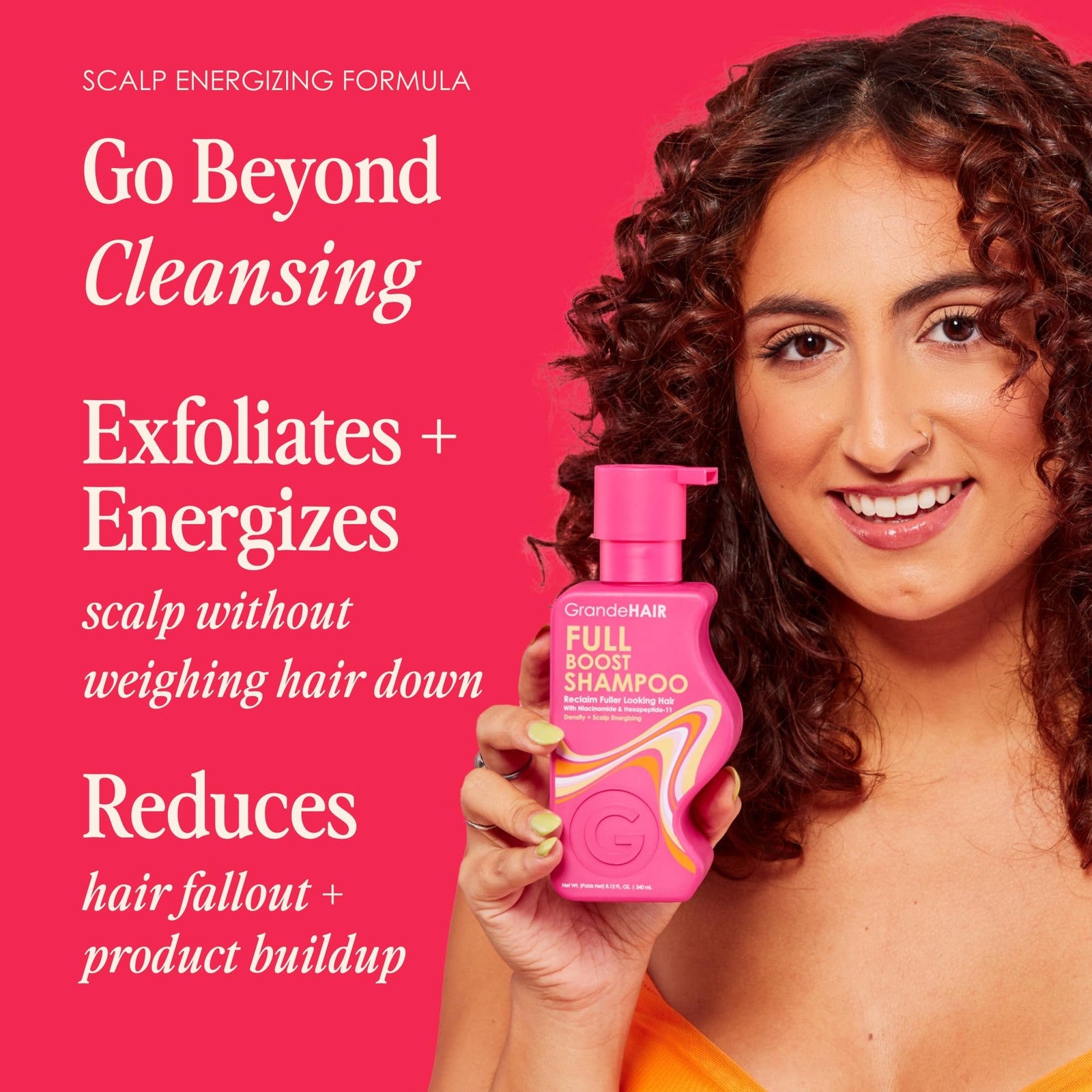 Grande Cosmetics GrandeHAIR Peptide Shampoo for thickening hair and reducing fallout, shown in a pump bottle with label.