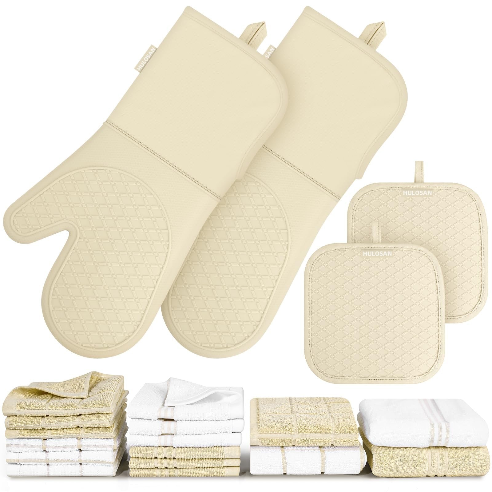 HULOSAN silicone oven mitts and pot holder set with 100% cotton kitchen towels, heat-resistant and ideal for safe cooking.