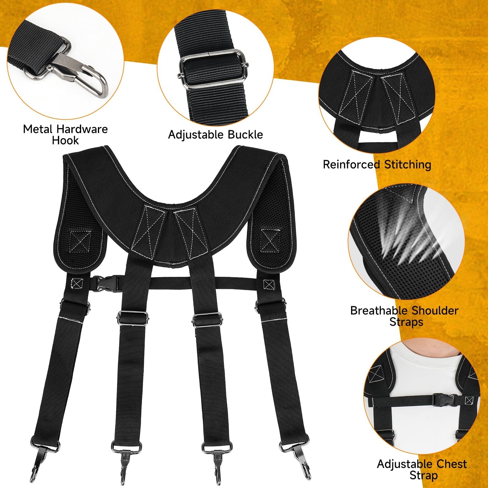 Heavy-duty LEFOR·Z tool belt with suspenders and 27 pockets, featuring magnetic tool holders for men, shown with tools and equipment.