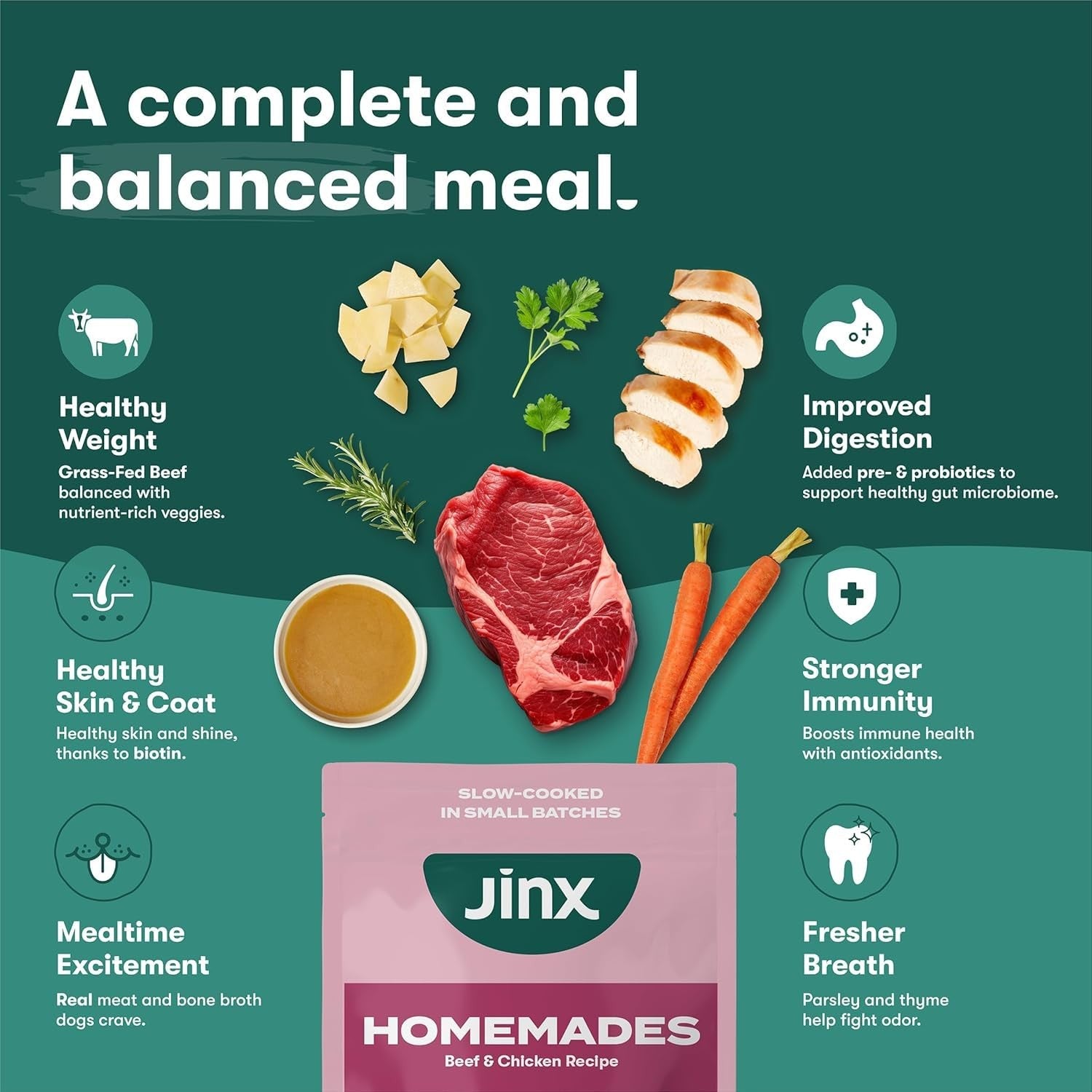 Jinx Wet Dog Food Topper Bundle with 9oz chicken and beef Homemades for dogs, featuring two flavor options in clear packaging.