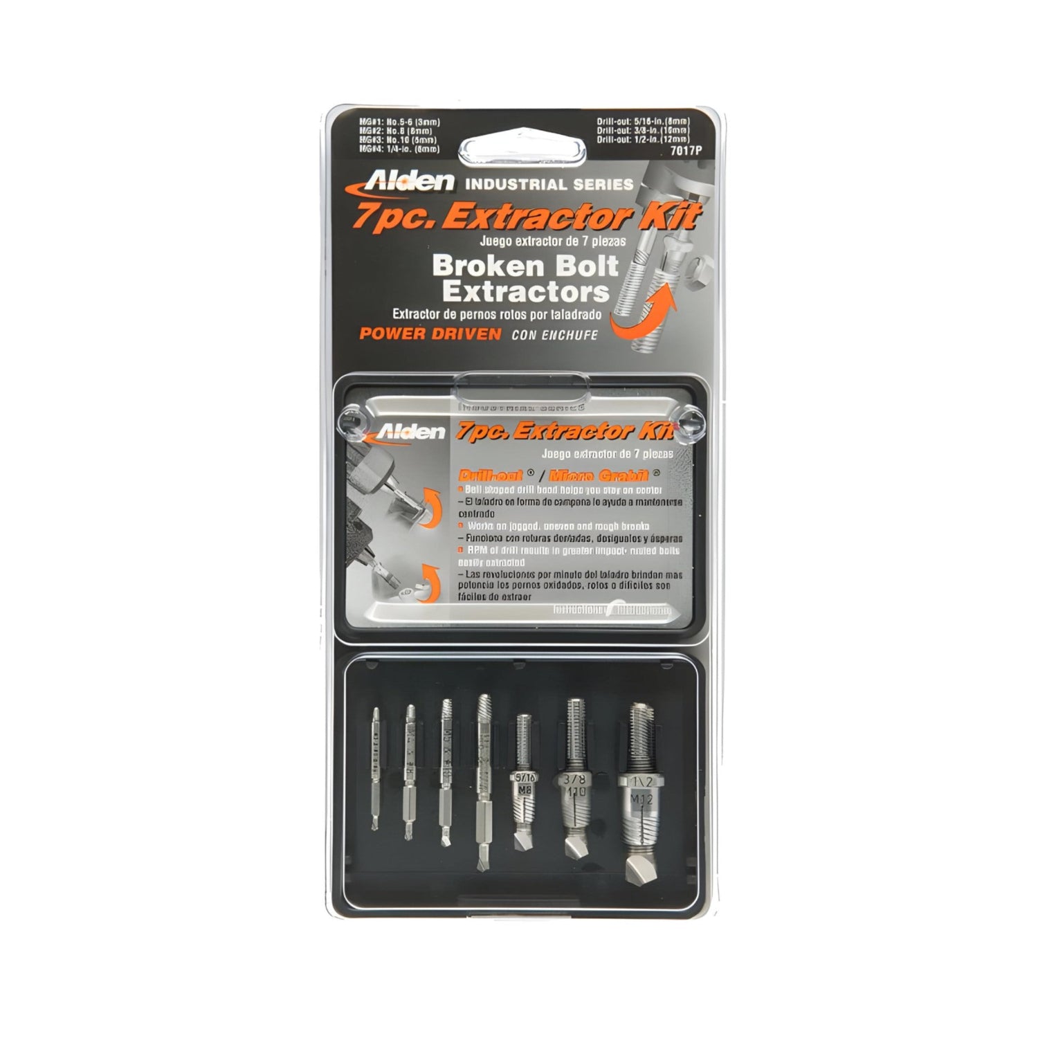 Alden Tools Grabit Select Series 7-piece screw and bolt extractor kit with various extractor sizes on a white background.