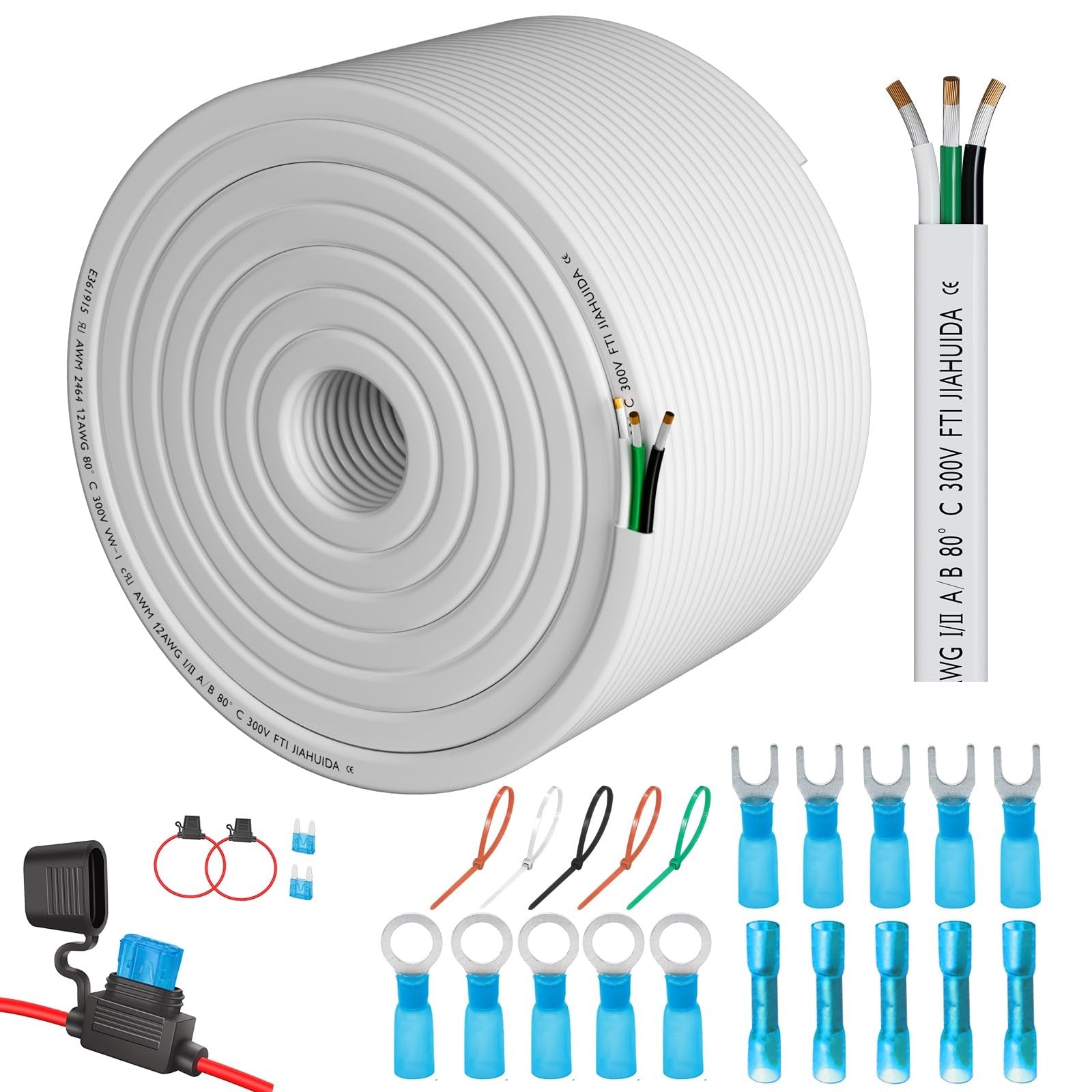 SAKAKI 12 AWG 3-core tinned copper marine wire, stranded electrical cable for 12V marine wiring, showing the cable and connectors.