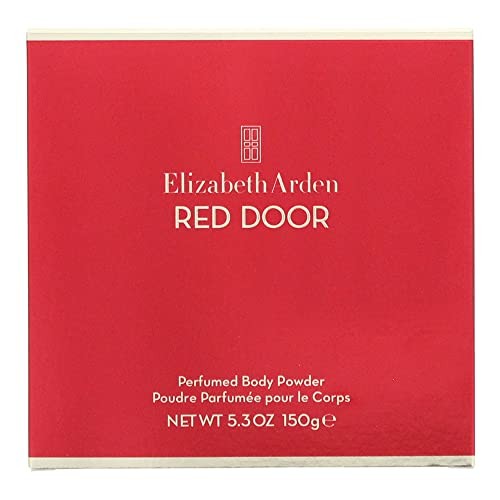 Elizabeth Arden Red Door perfumed body powder in a 5.3oz container, showcasing elegant packaging and smooth powder texture.
