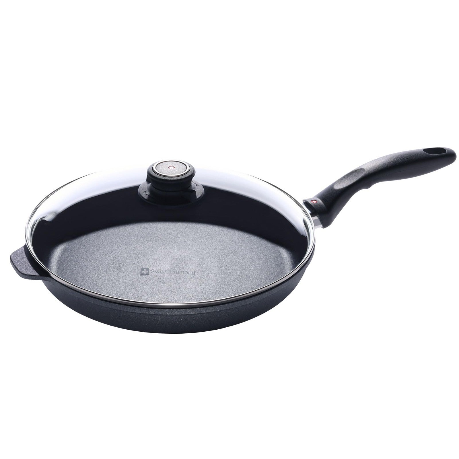 Swiss Diamond nonstick frying pan with lid, featuring durable diamond-coated nonstick surface for even cooking and easy cleanup.