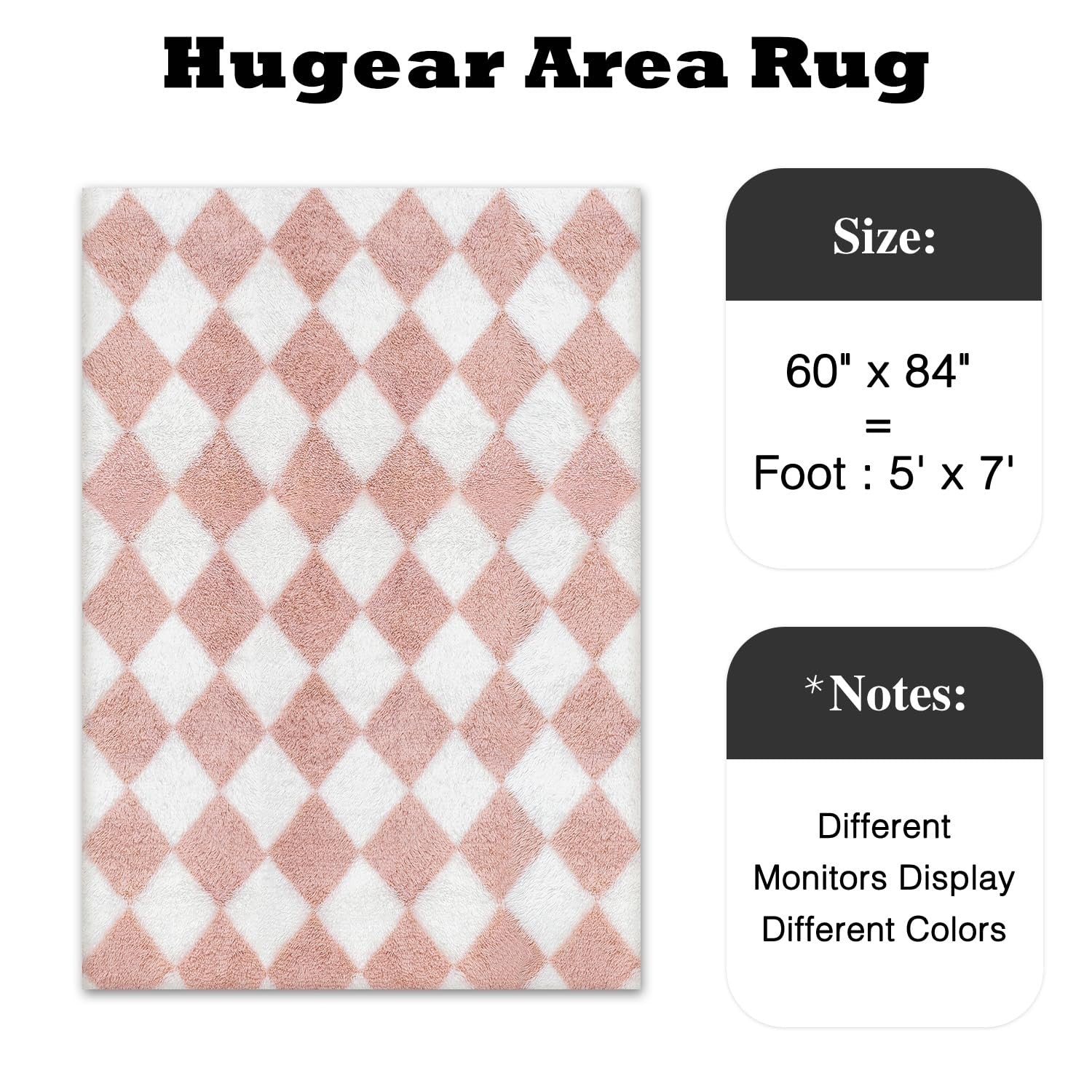 Hugear checkered pink and white shag rug, 5x7 modern living room decor, soft fluffy texture, HUGEAR brand.