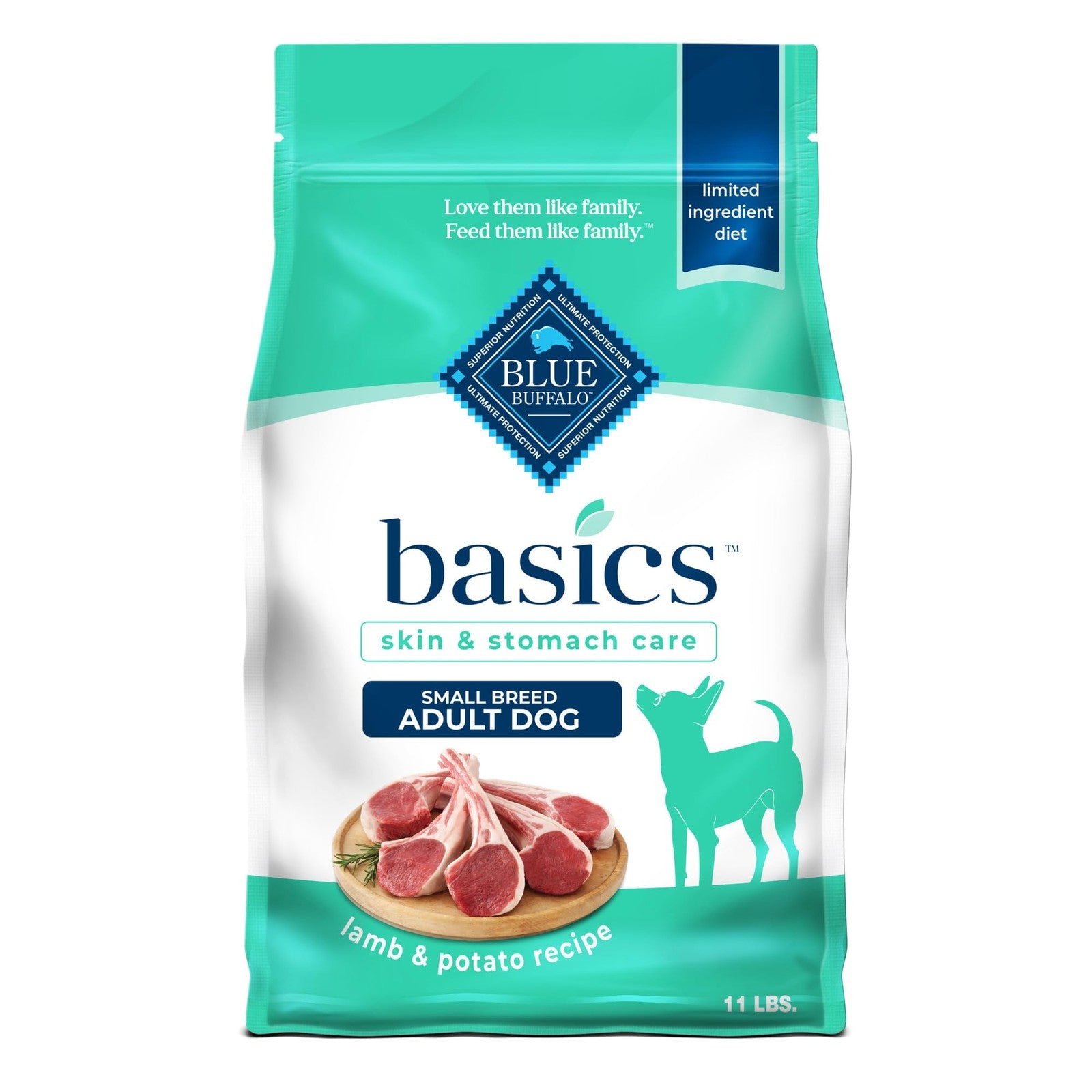 Blue Buffalo Basics grain-free small breed adult dog food with lamb and potato kibble in a bowl.