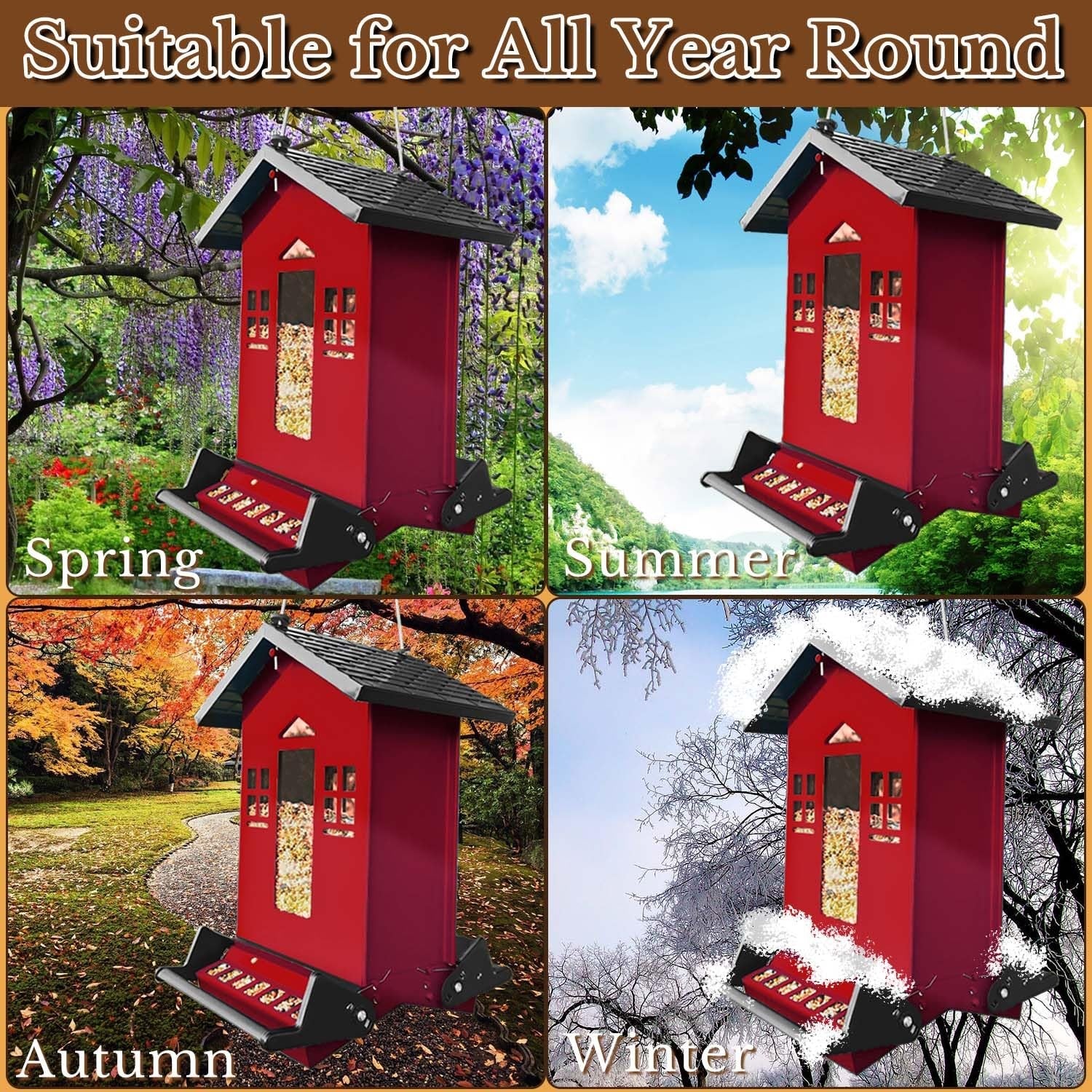 Red metal squirrel-proof bird feeder hanging outdoors, 6-pound capacity, designed for attracting and feeding wild birds.