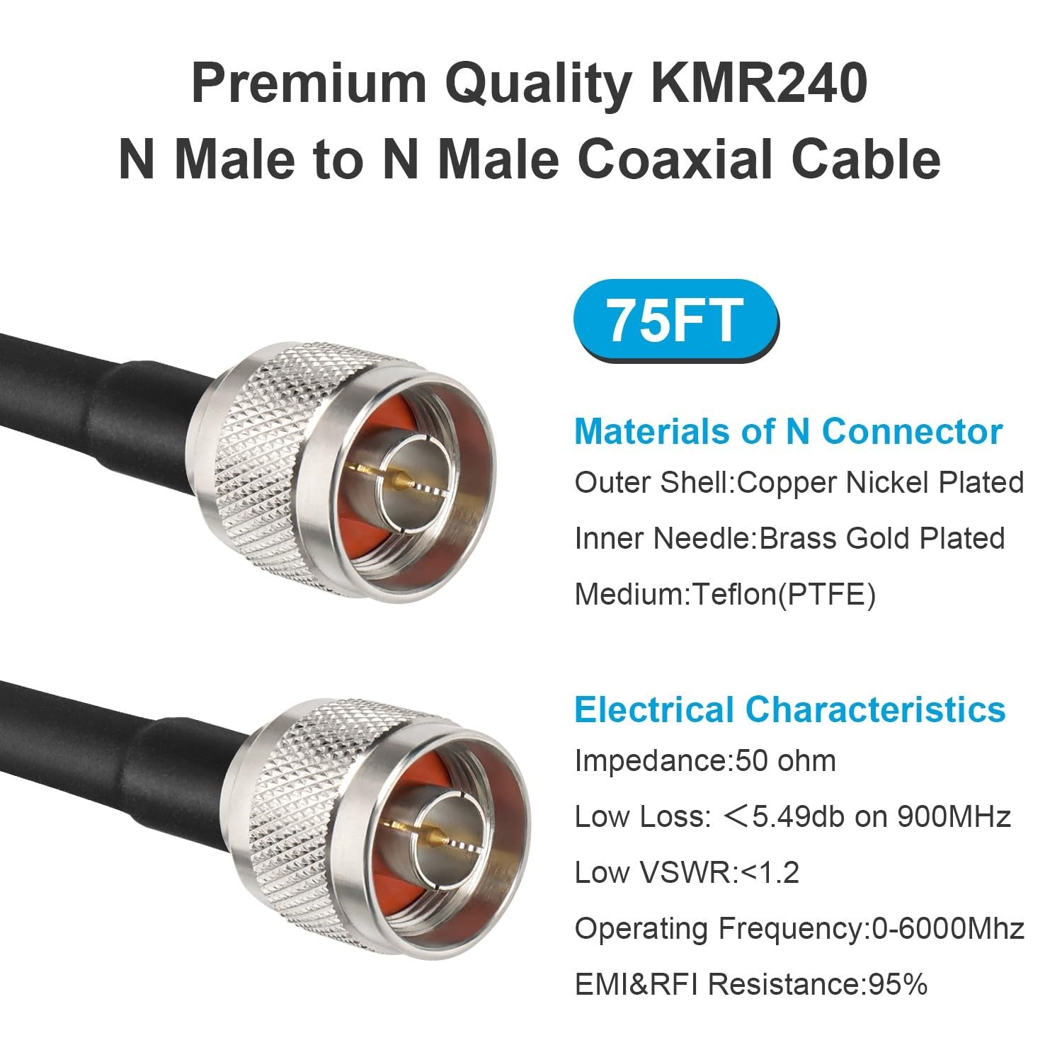MOOKEERF KMR240 N Cable 75FT ultra low loss N male to N male coaxial cable made of pure copper, shown coiled.